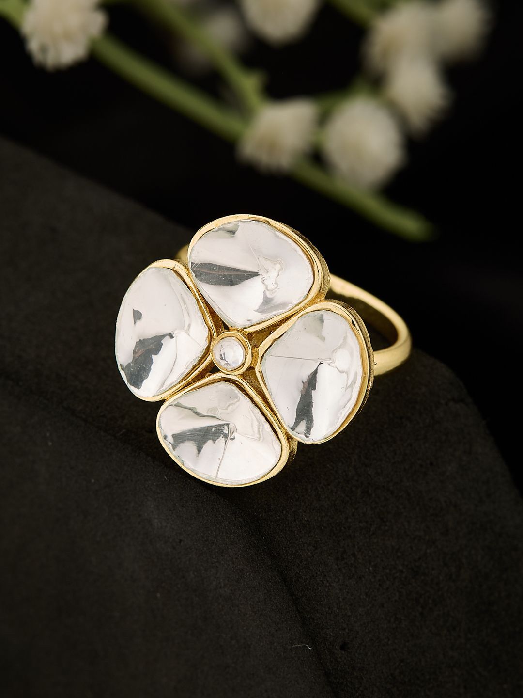 ATIBELLE Gold Plated Cubic Zirconia Stone Studded Floral Shaped Finger Ring