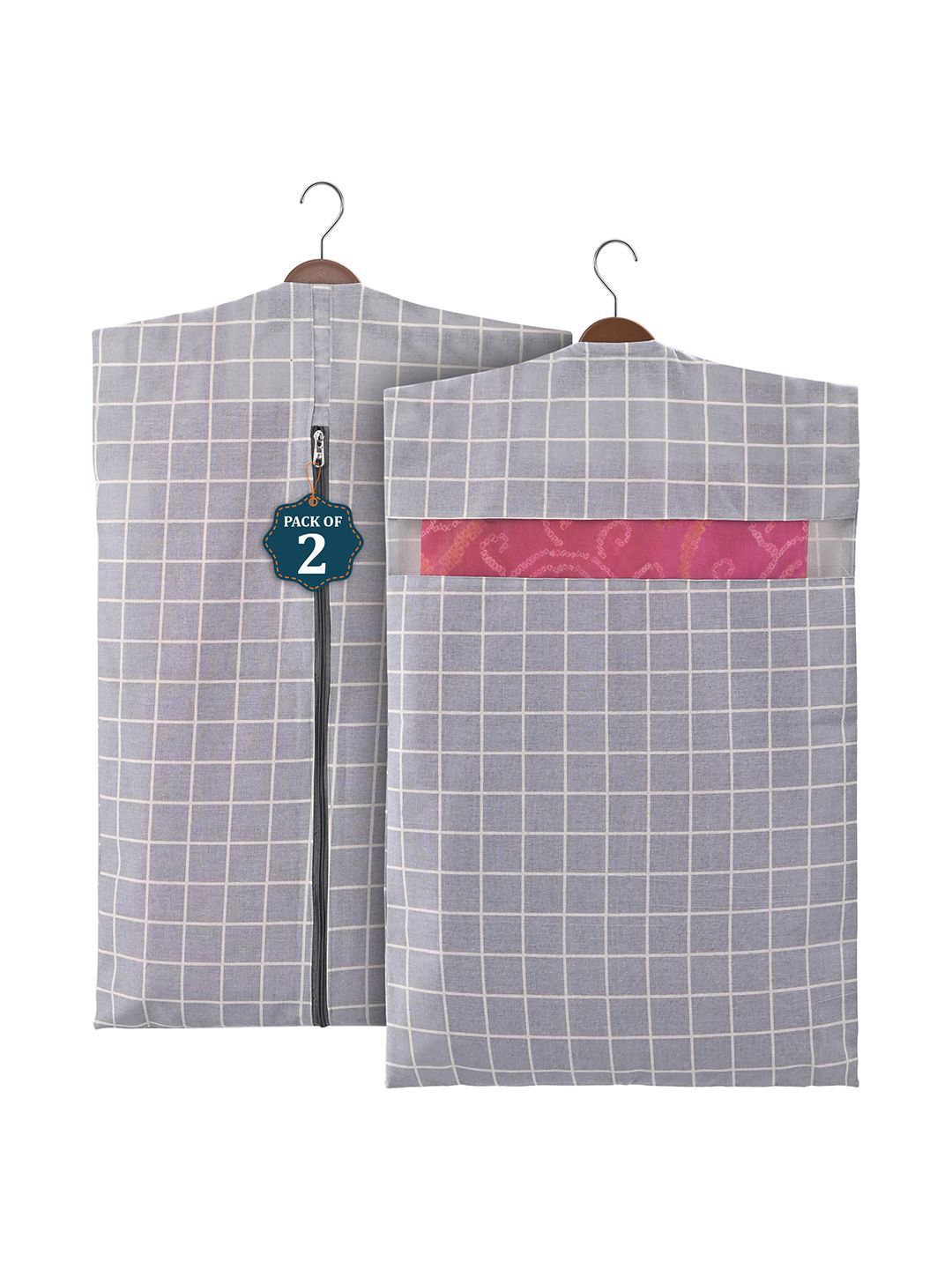 Kuber Industries Grey 2 Pieces Checked Mesh Cotton Hanging Saree Storage Organisers-picture-36
