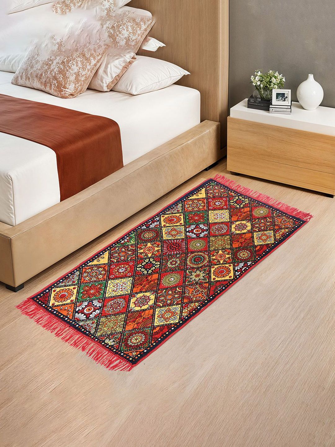 Kuber Industries Red & Yellow Ethnic Motifs Printed Velvet Carpet-picture-54