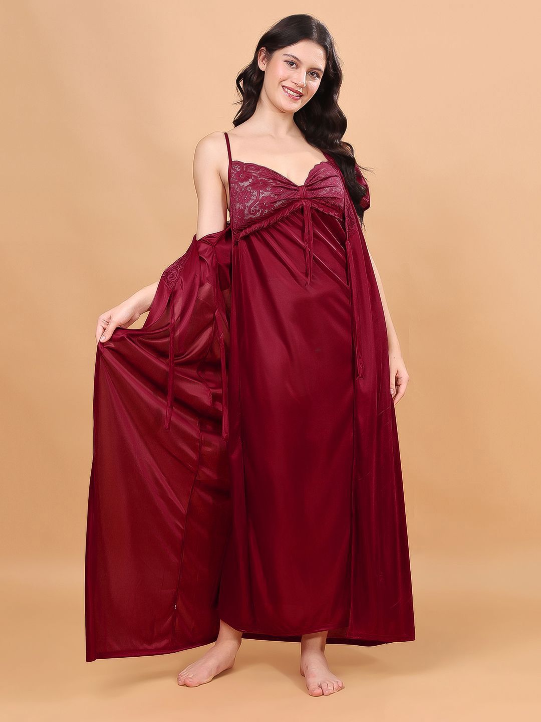NIGHT KEYS Women 2 Piece Shoulder Straps Satin Maxi Nightdress