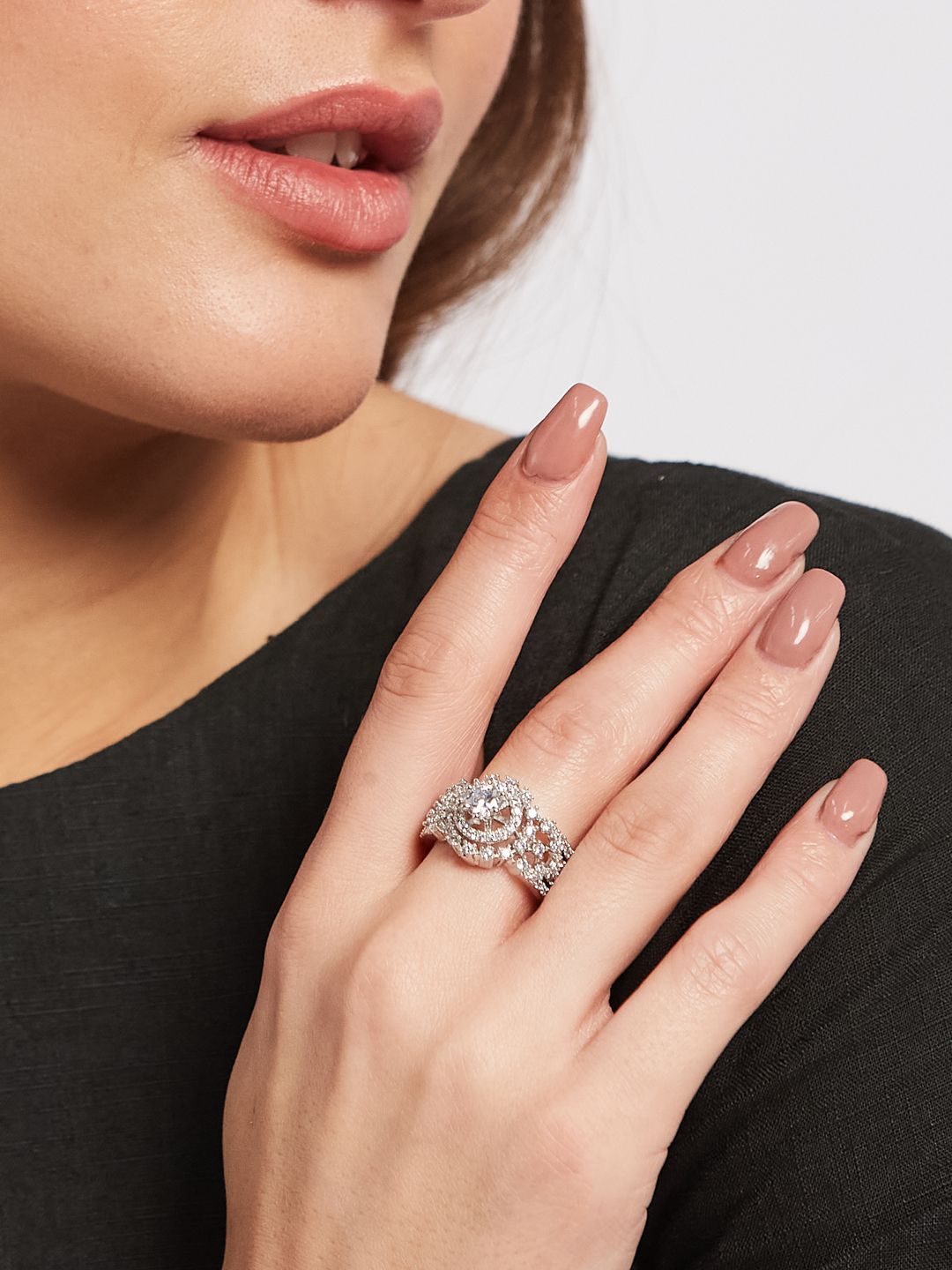 ATIBELLE Silver-Plated Cubic Zirconia Stones Studded Finger Ring