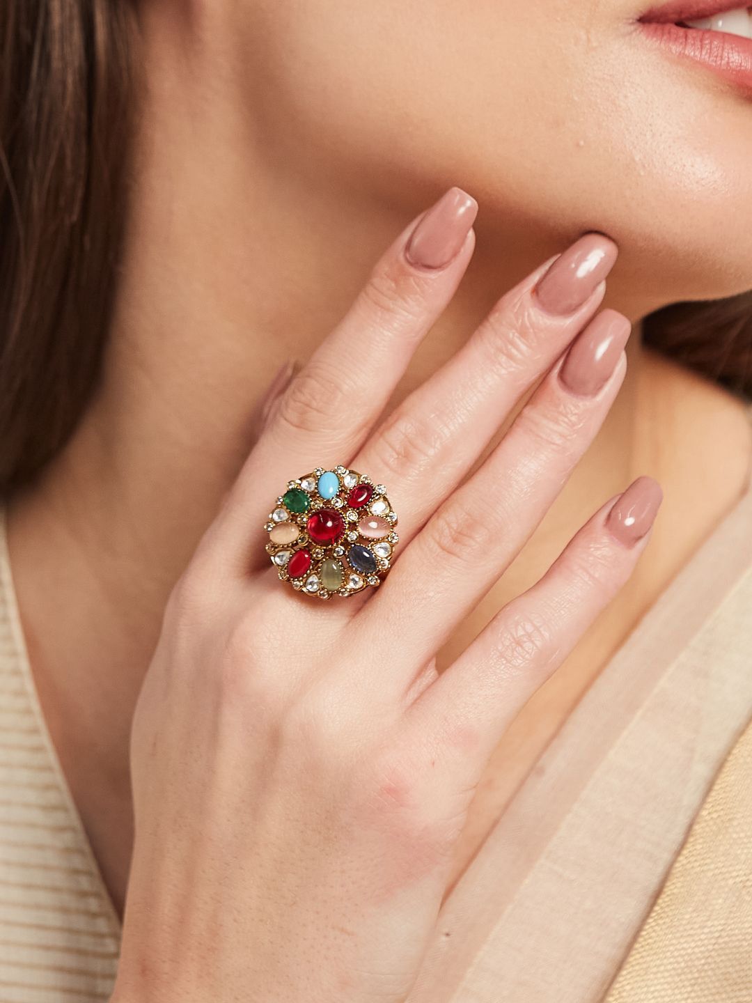 ATIBELLE Gold-Plated Cubic Zircoina Studded Floral Shaped Finger Ring