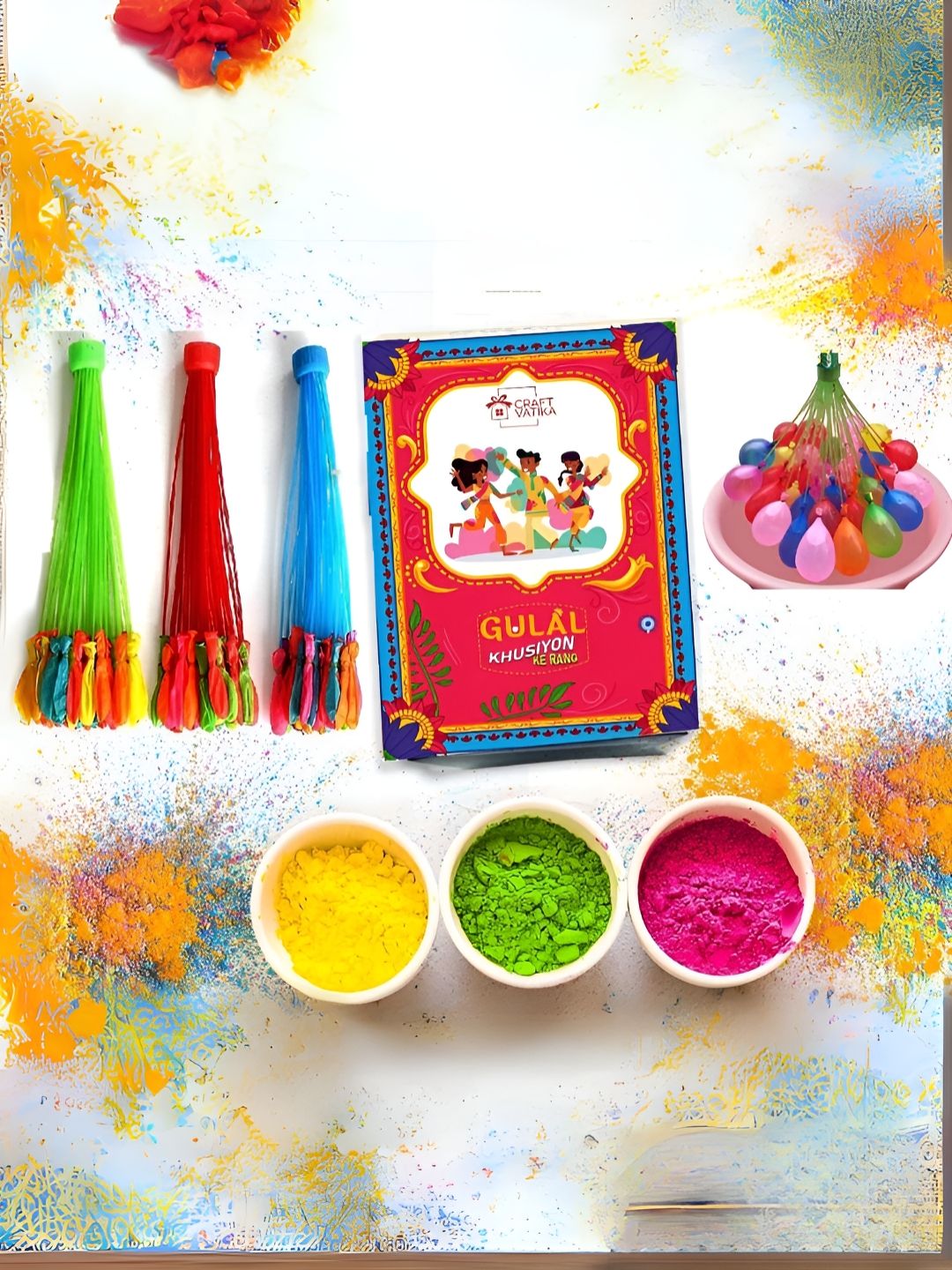 CraftVatika Red & Blue 111 Pieces Holi Gulal Colour & Magic Water Balloons