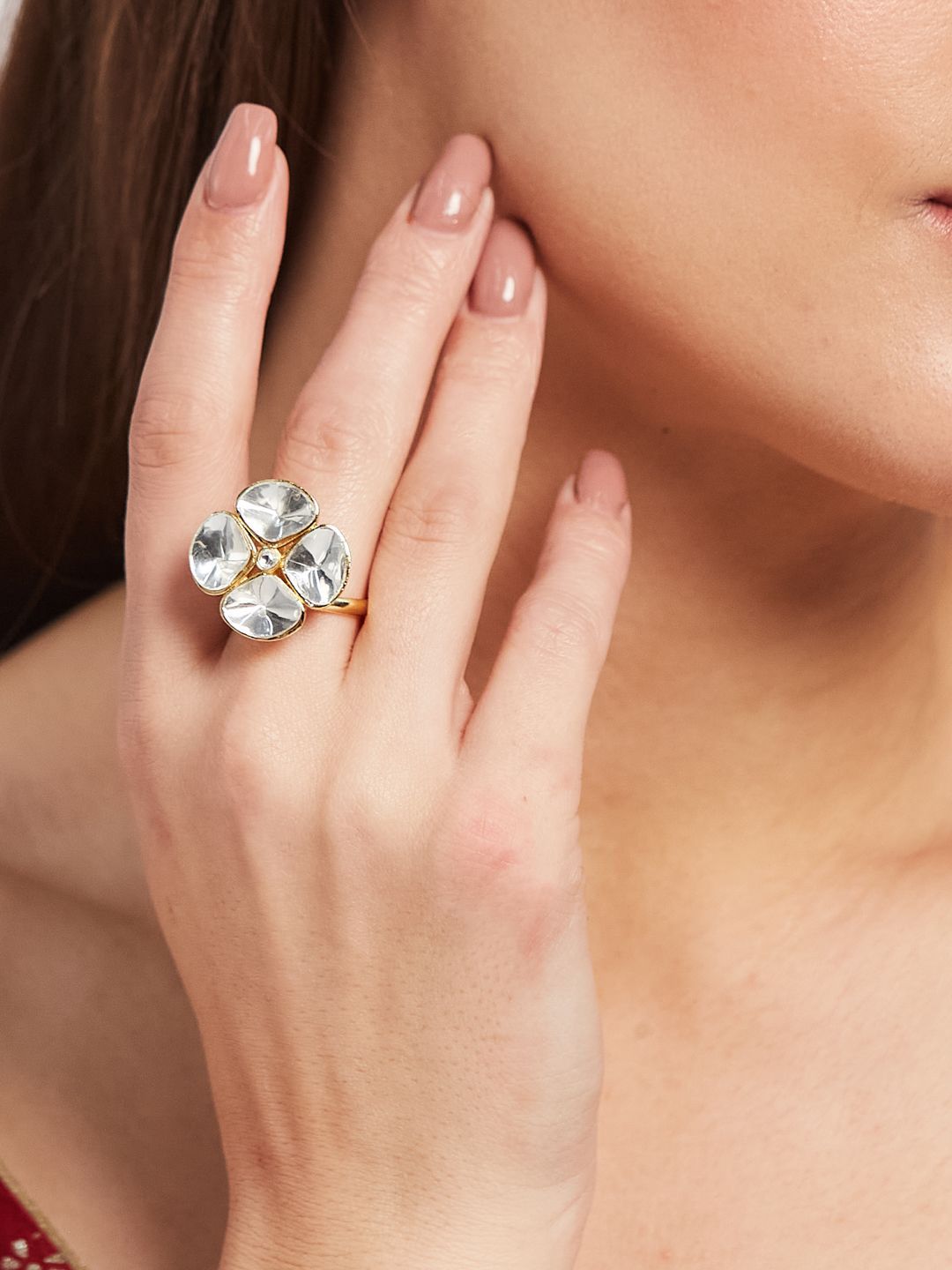 ATIBELLE Gold Plated Cubic Zirconia Stone Studded Floral Shaped Finger Ring