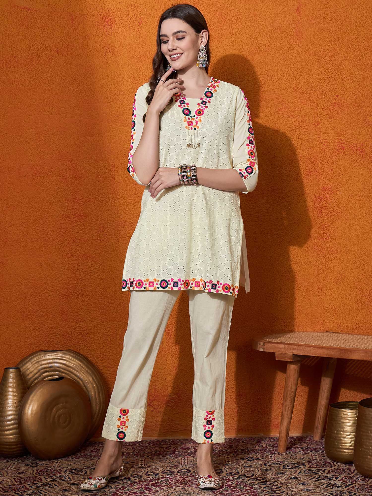 Sangria Abstract Embroidered Pure Cotton Top With Trouser-picture-14