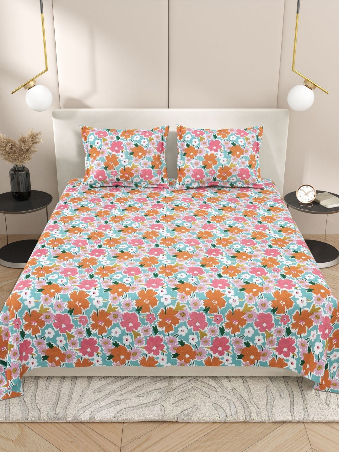 DREAM WEAVERZ Blue & Orange Floral Cotton 220 TC Super King Bedsheet Set2.75 m X 2.55 m-picture-39