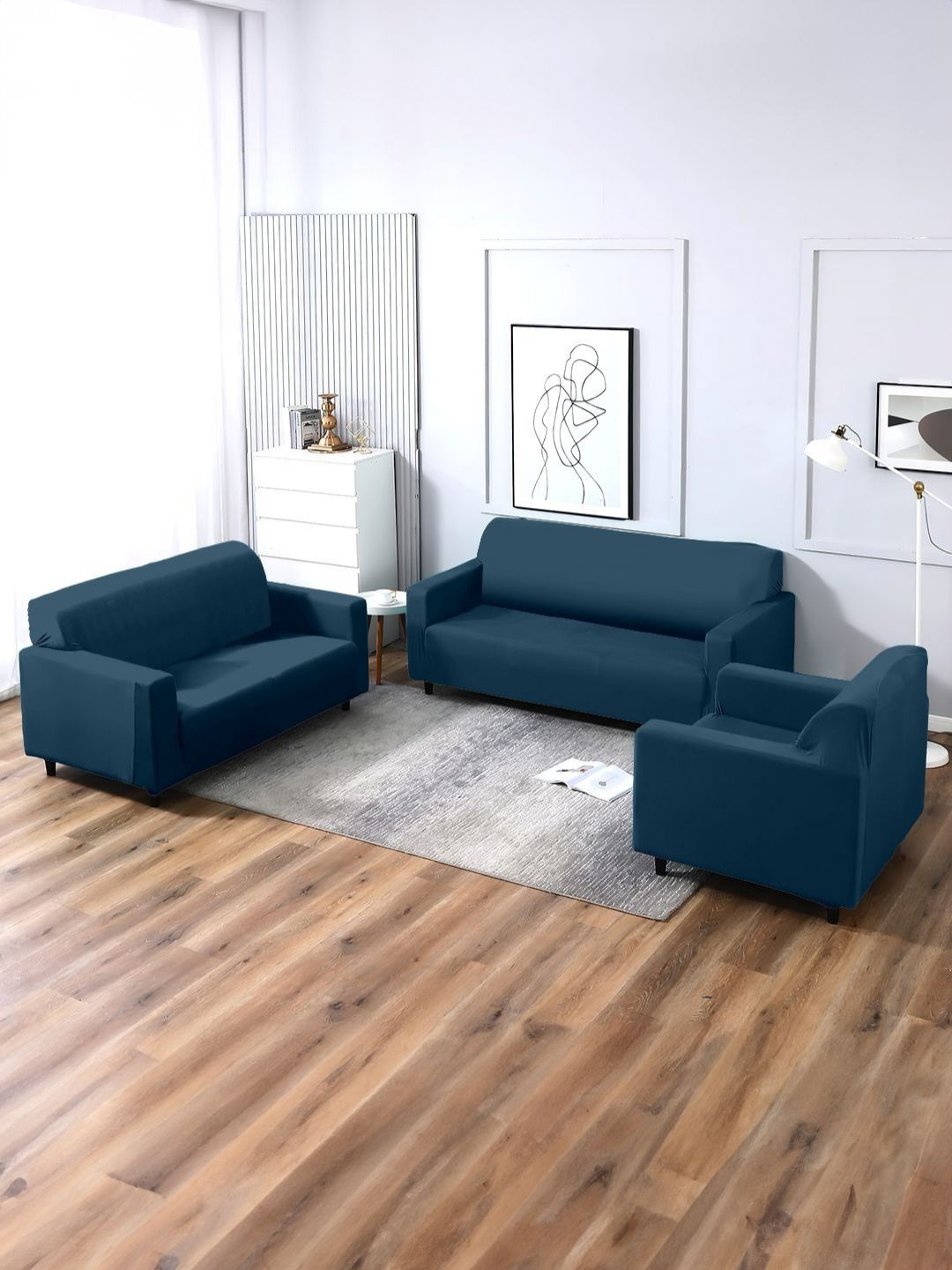 Aura Blue Stretchable Three Seater Sofa Cover With 2 Single Seater Sofa Cover-picture-37