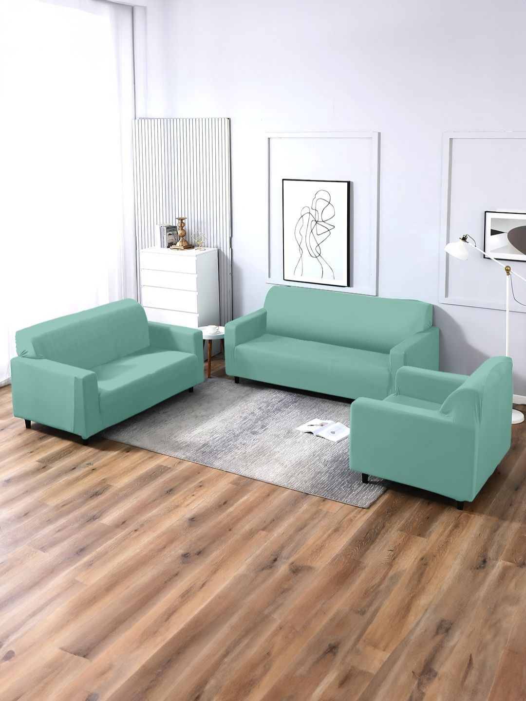 Aura Green Stretchable Three Seater Sofa Cover With 2 Single Seater Sofa Cover-picture-10