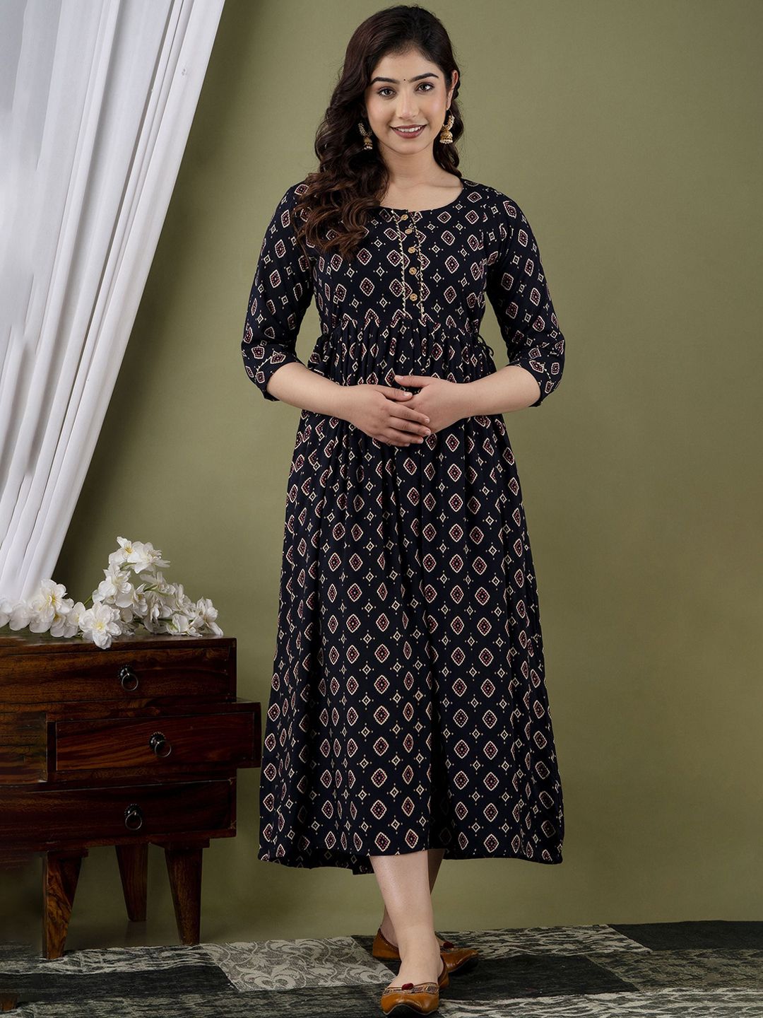 UrbanRang Women Floral Printed Cotton Maternity Gown Dress