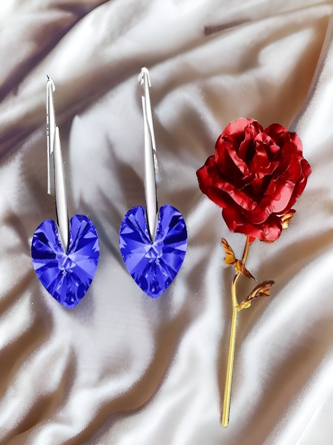 UNIVERSITY TRENDZ Blue & Red Heart Stud Drop Earrings With Rose Gift Set-image-48