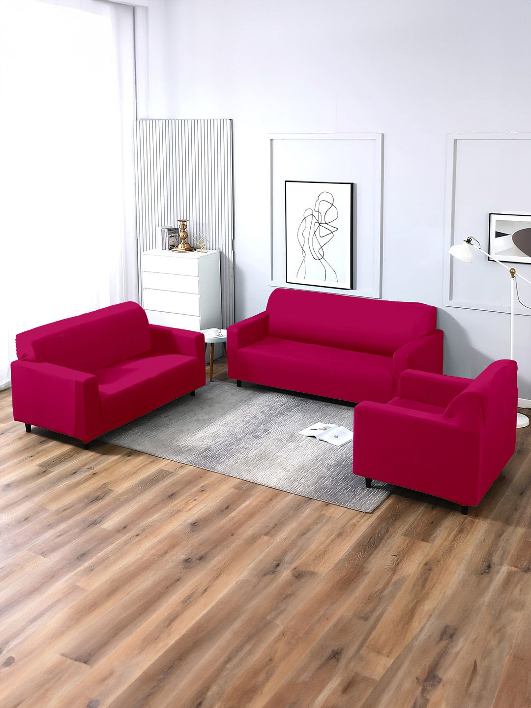 Aura Red Solid Polyester 3 Piece Sofa Cover With Arms-image-45