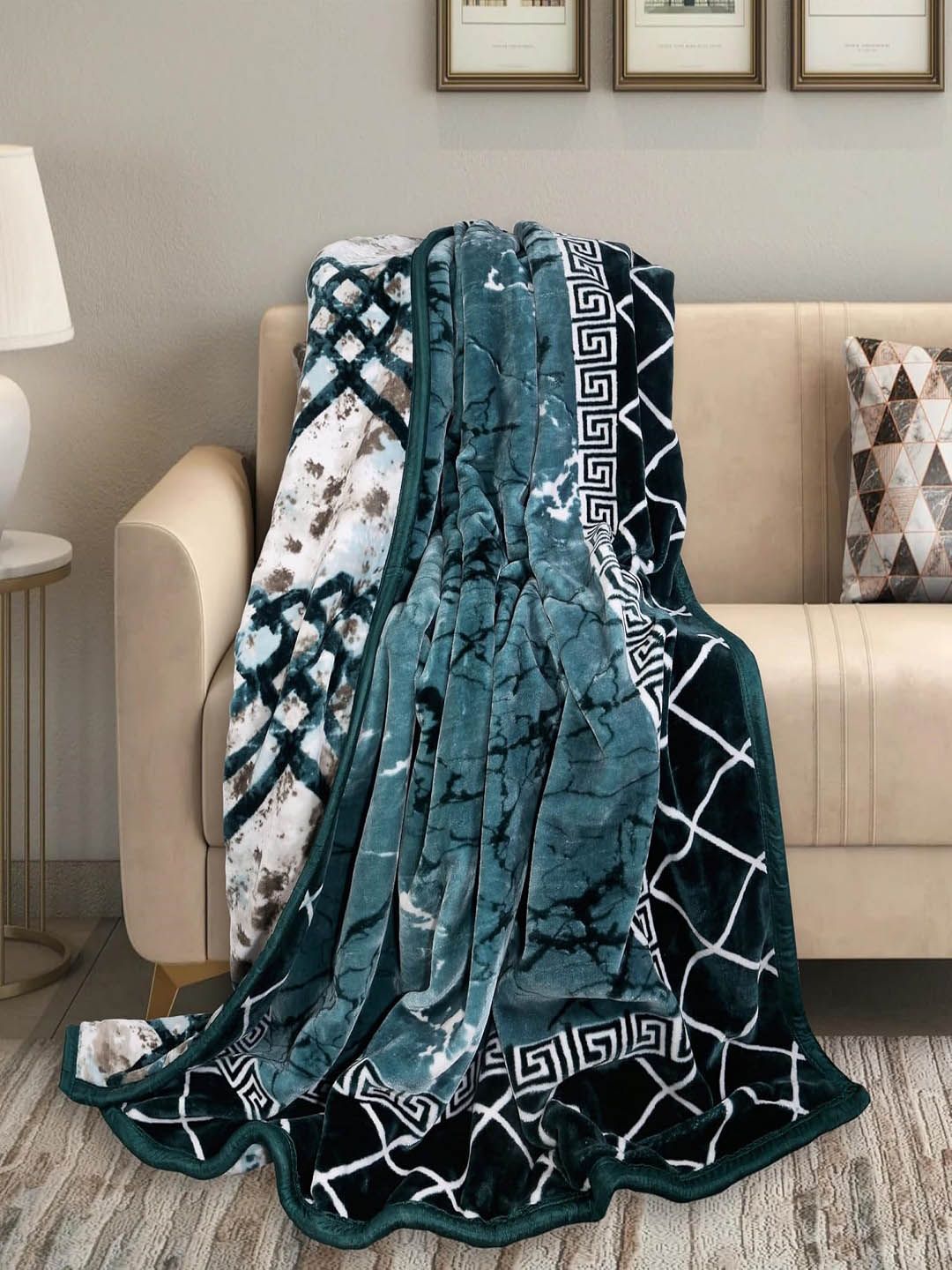 CHICERY Teal & Black Geometric Mink Heavy Winter Double Bed Blanket-image-48