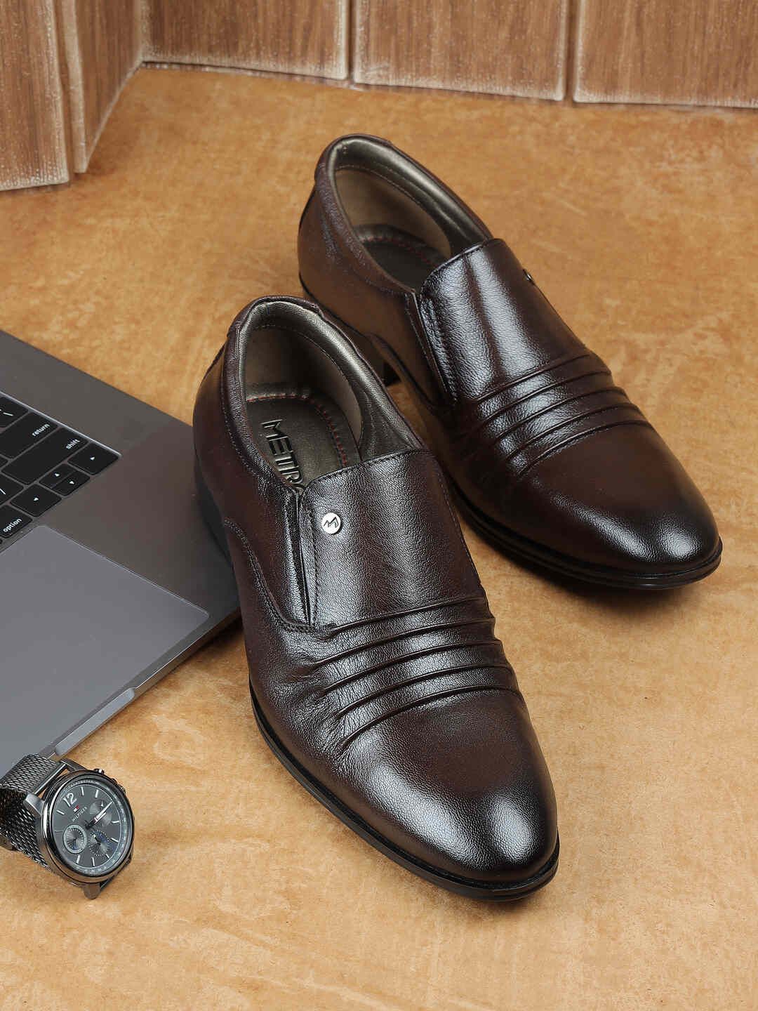 Metro Men Textured Leather Formal Slip-On Shoes-picture-10