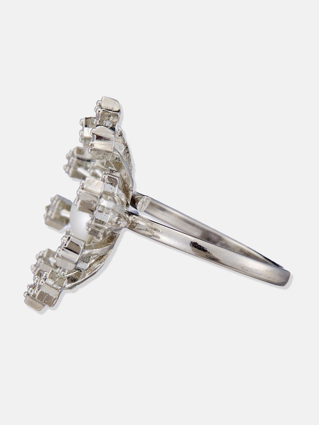 ATIBELLE Silver Plated Cubic Zirconia Stone Studded And Beaded Finger Ring