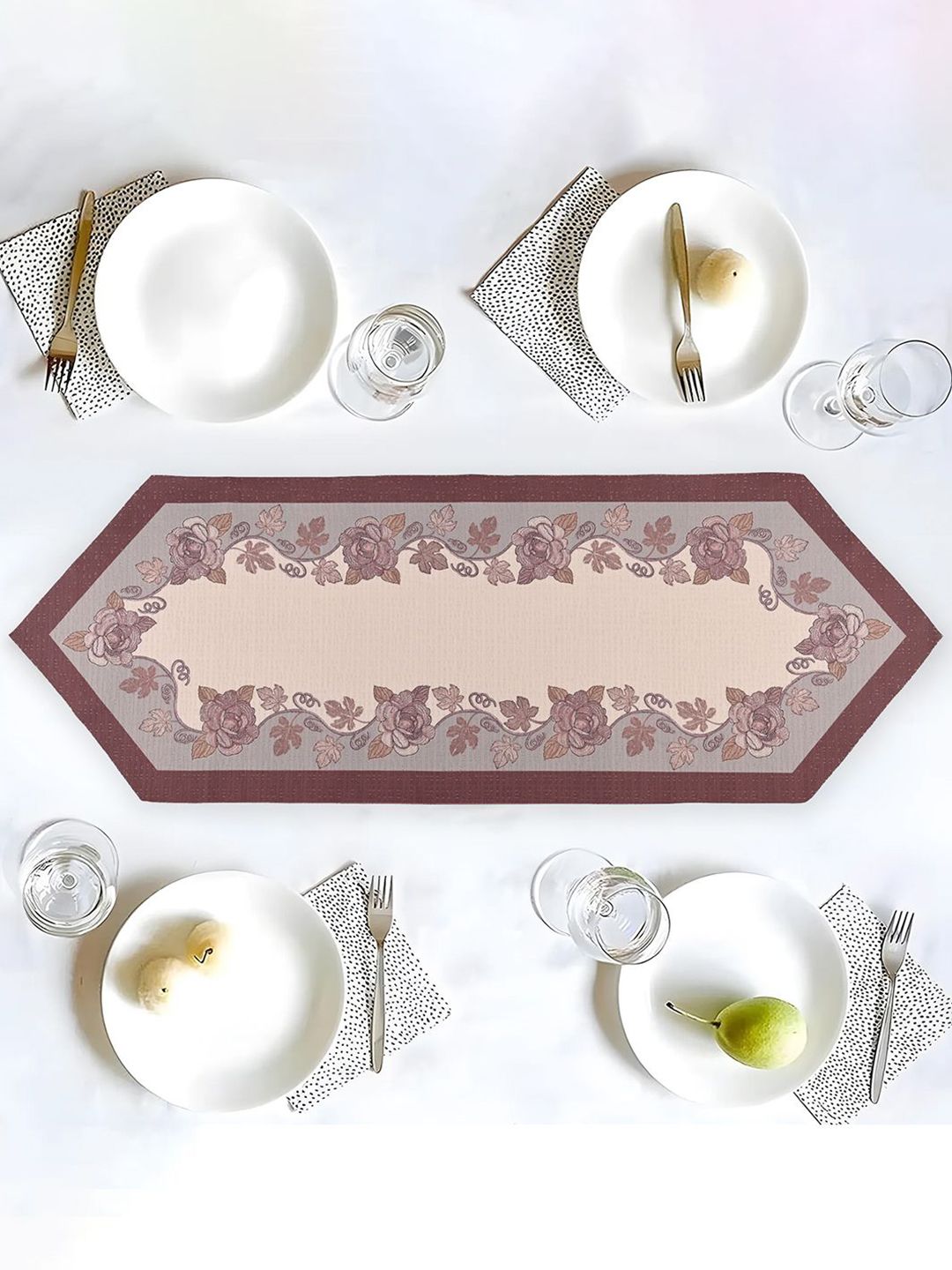 Kuber Industries Cream-Colored & Brown Floral Printed Pure Cotton Table Runner-image-28