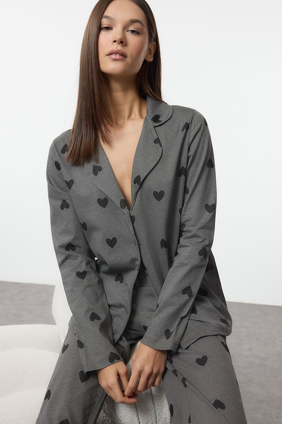 Trendyol Women Printed Pure Cotton Lapel Collar Night Suit-picture-12