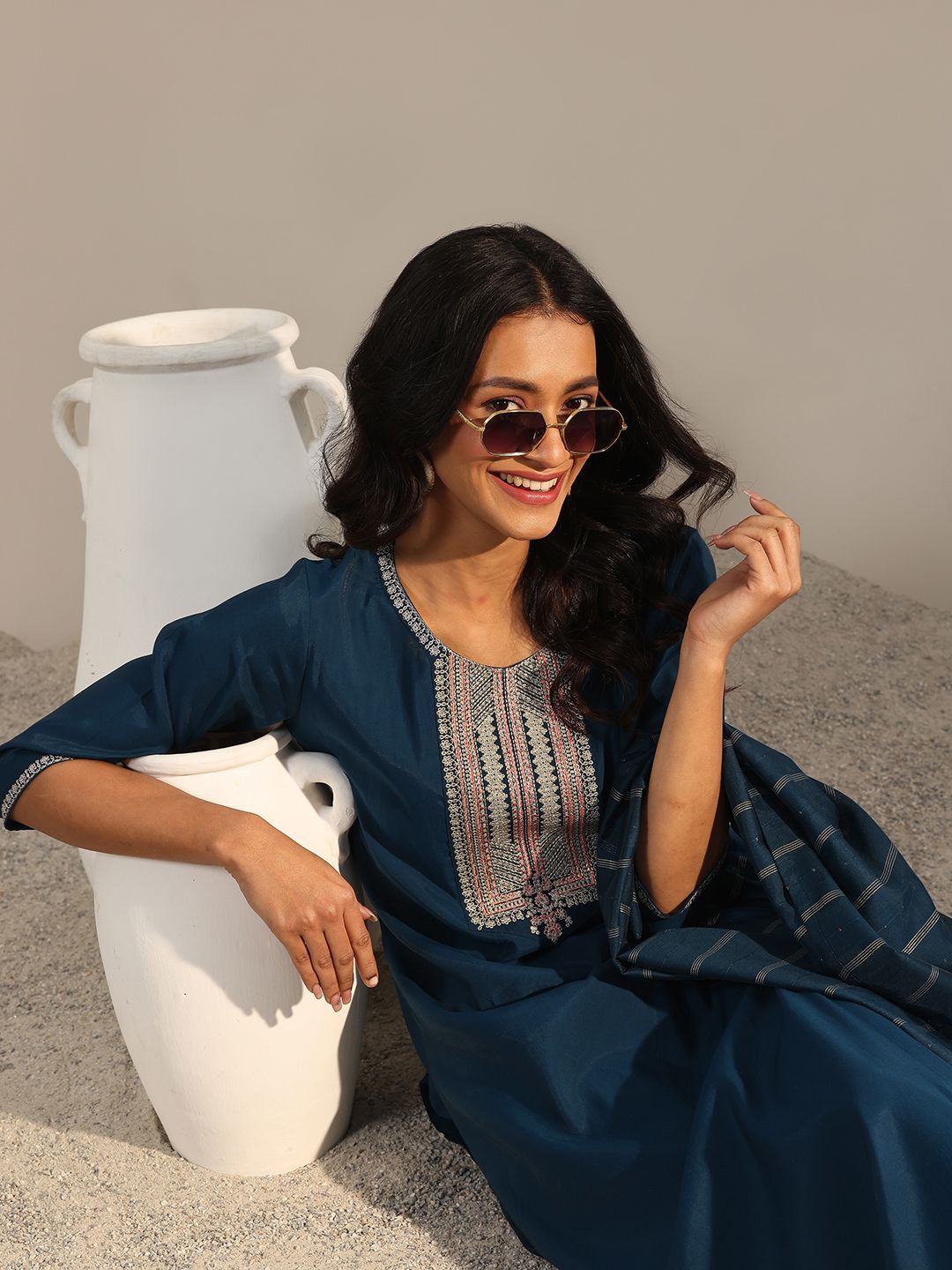 Gerua By Libas Blue Floral Yoke Design Embroidered Straight Kurta With Trouser And Dupatta-picture-33