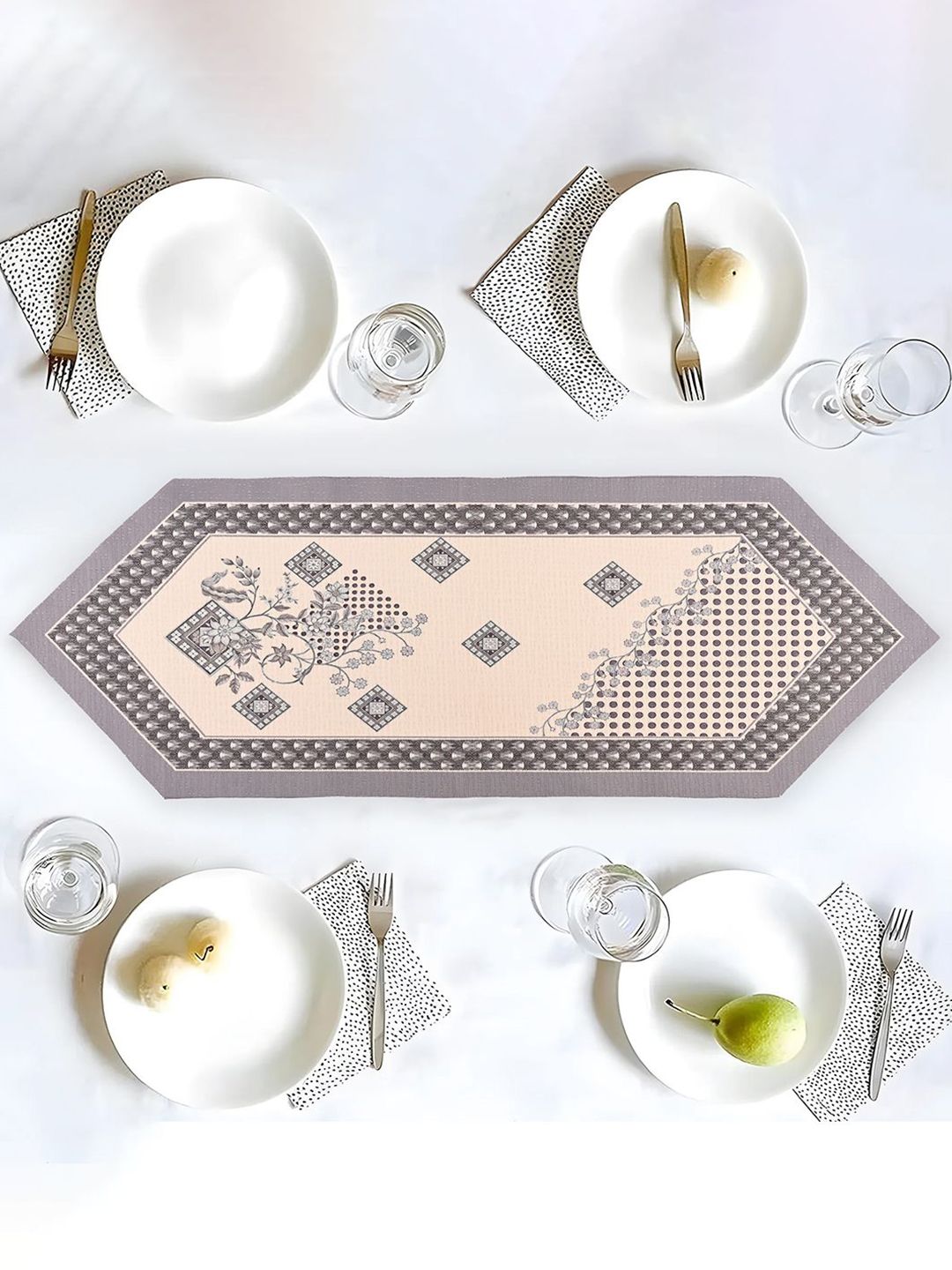 Kuber Industries Cream-Colored & Grey Floral Printed Pure Cotton Table Runner-image-47