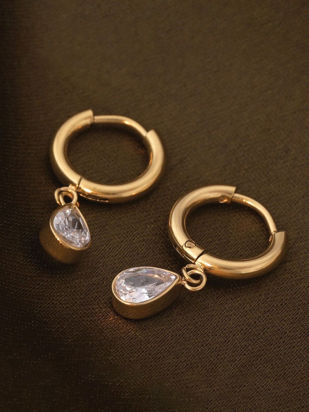 palmonas PALMONAS18KT Gold Plated Stainless Steel Cubic Zirconia Solitaire Hoop Earrings-picture-15