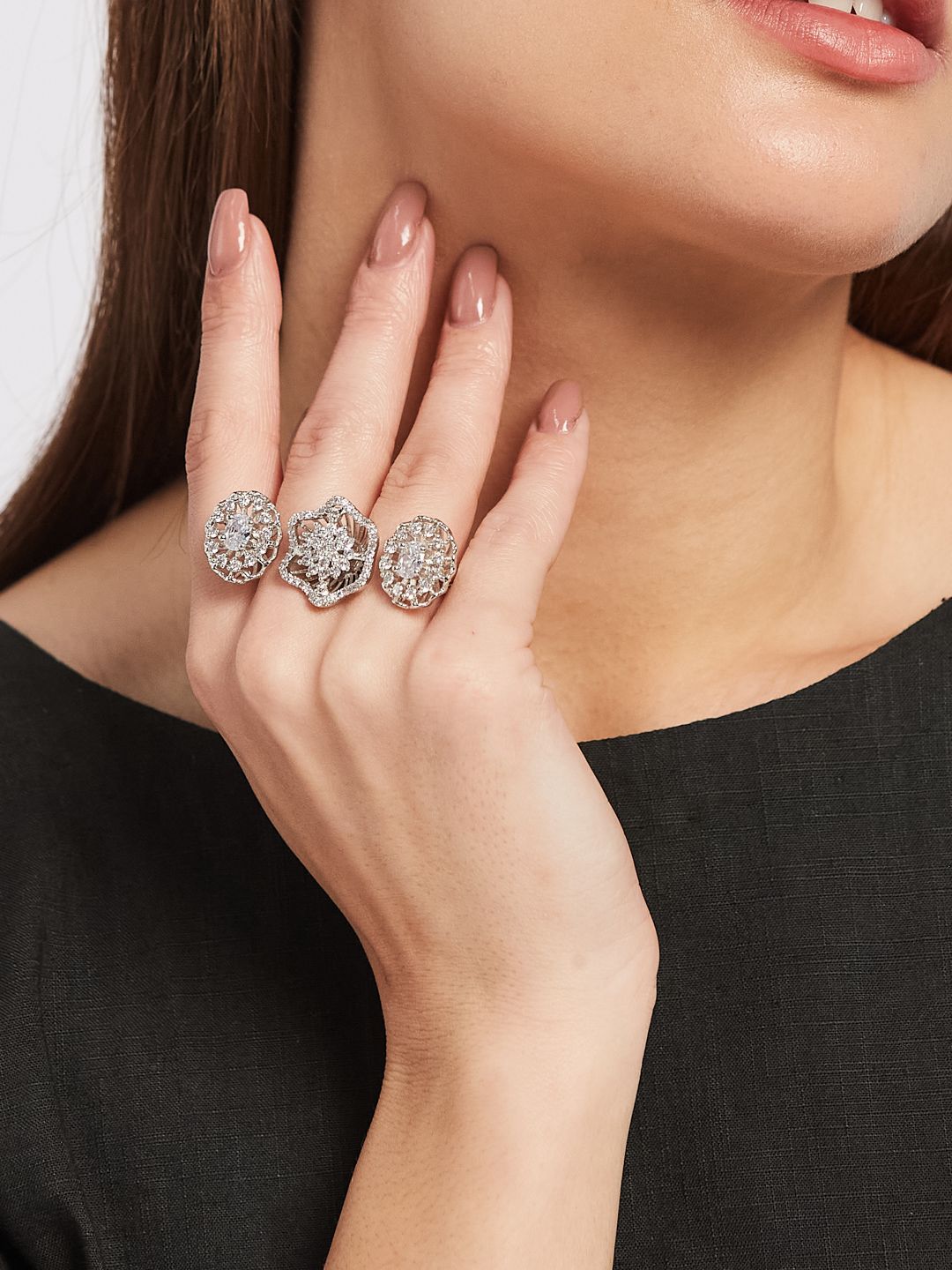 ATIBELLE Silver Plated Cubic Zirconia Stone Studded Finger Ring