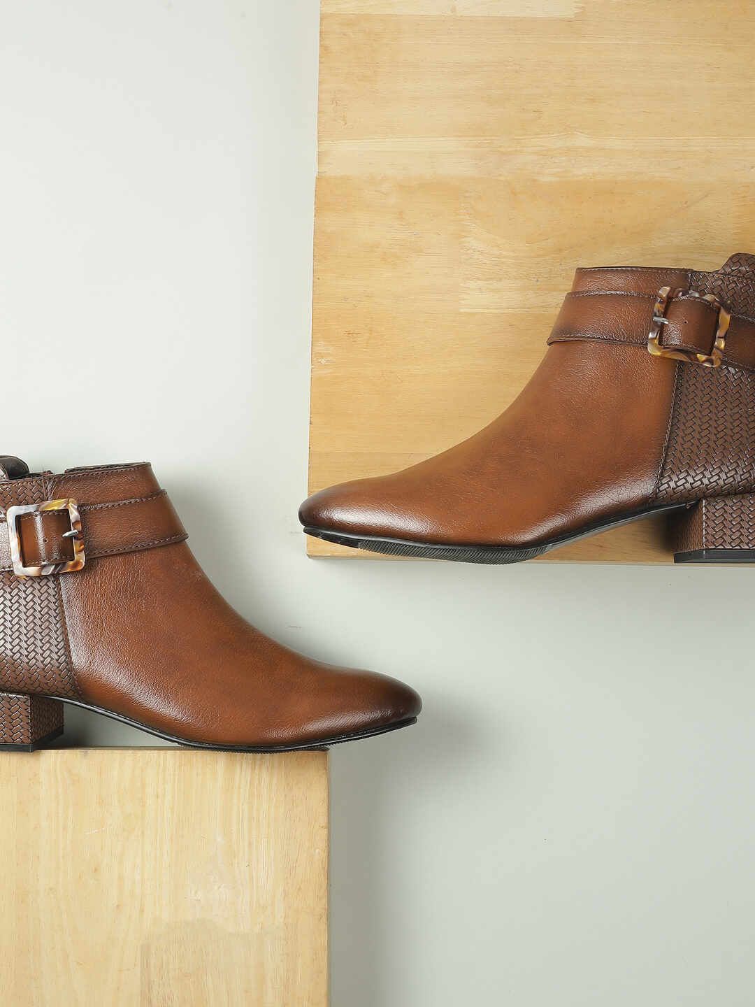 Metro Women Textured Buckle Detail Block Heel Regular Boots-picture-24