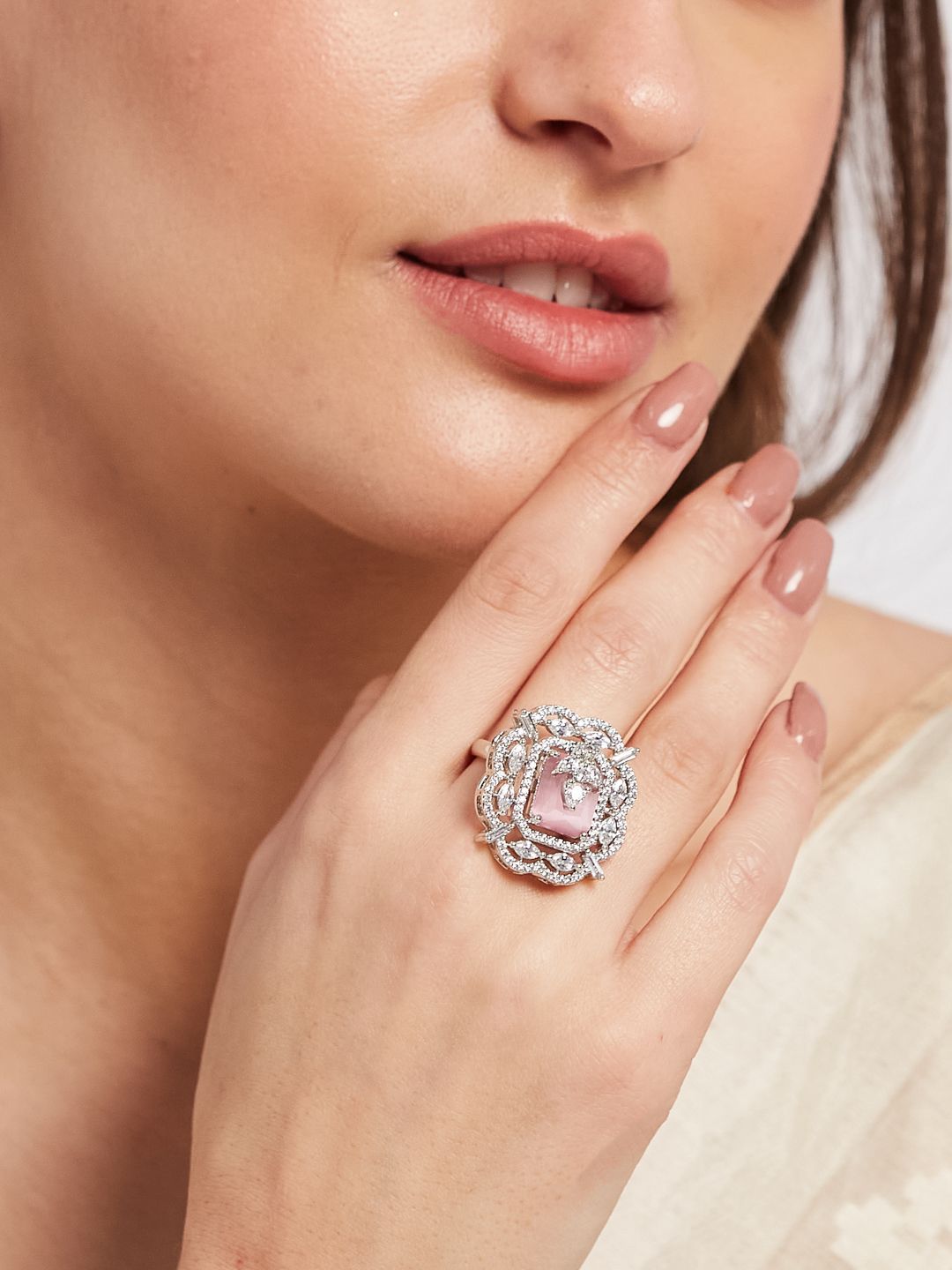 ATIBELLE Silver-Plated Cubic Zirconia Stone Studded Finger Ring
