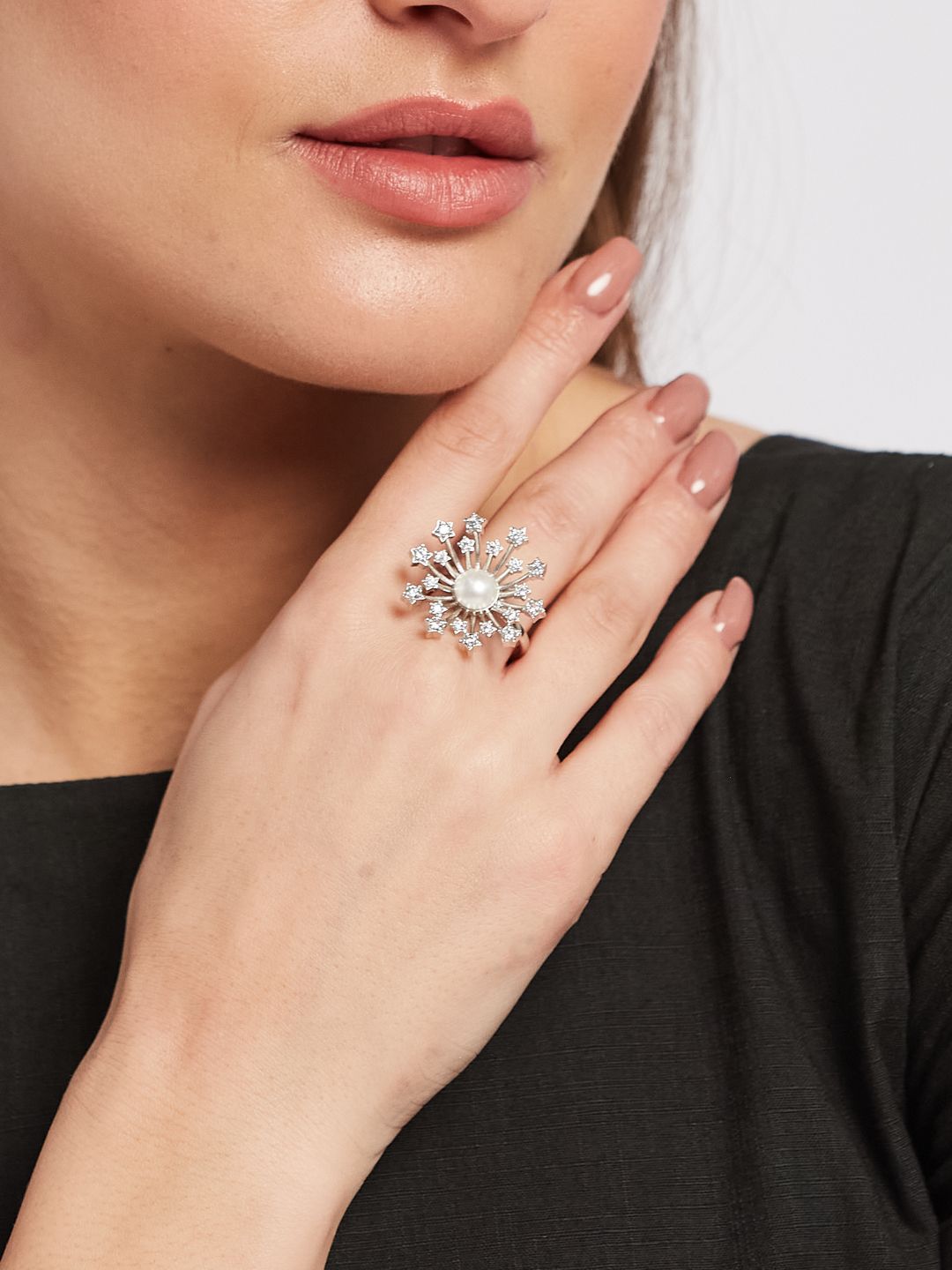 ATIBELLE Silver Plated Cubic Zirconia Stone Studded And Beaded Finger Ring