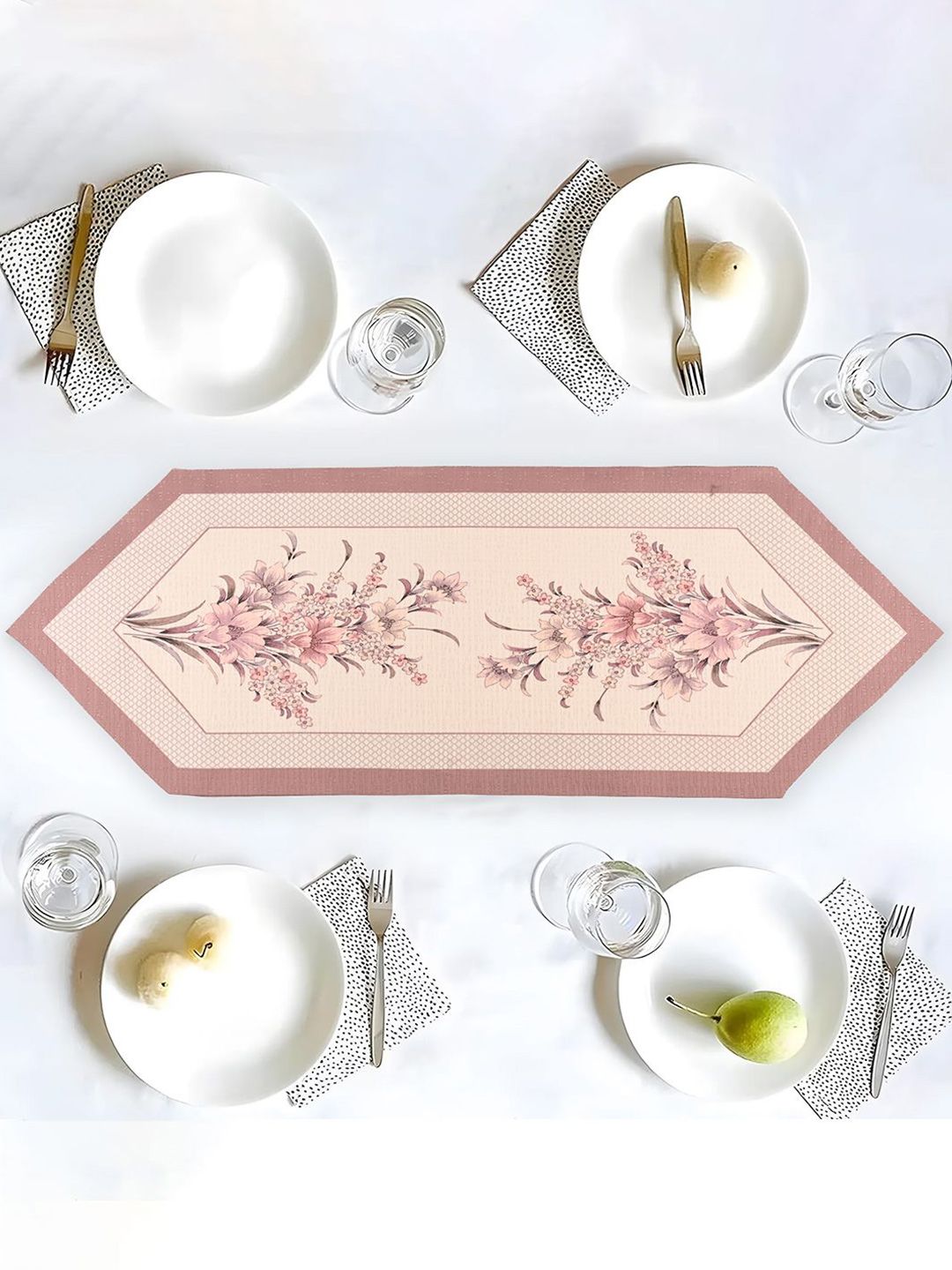 Kuber Industries Cream-Colored & Pink Floral Printed Pure Cotton Table Runner-image-22