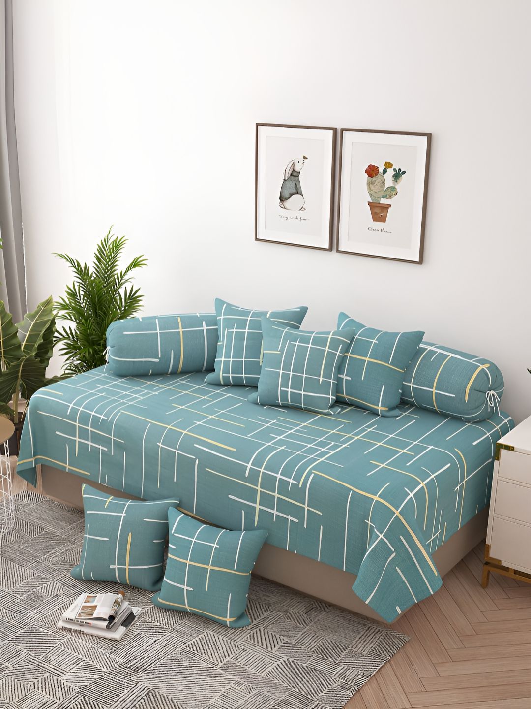 Story@home 8 Pc Green Geometric Printed Satin Finish Diwan Set