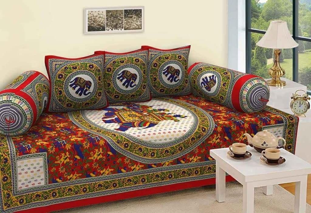 BAJO'S 6-Pcs Green & Red Printed Cotton Single Diwan Set-image-21