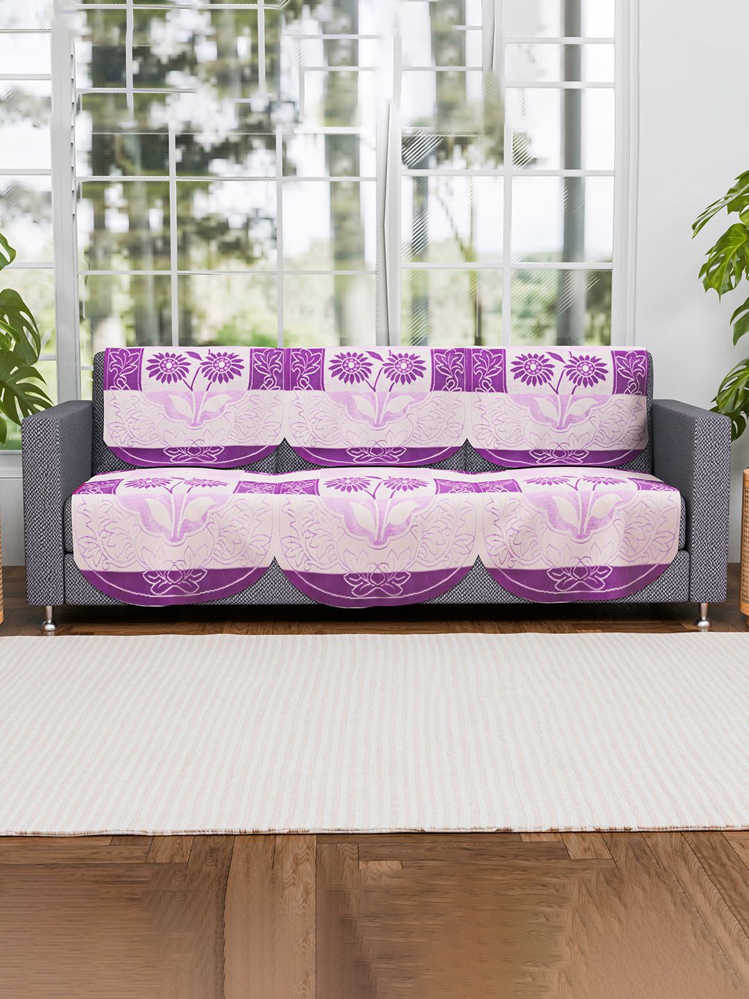 Kuber Industries Purple & Pink 6 Pieces 3 Seater Printed Cotton Sofa Cover-picture-23