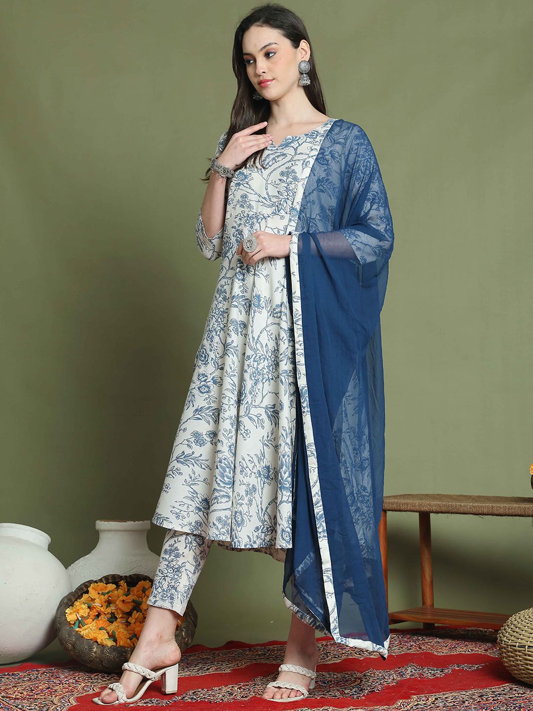 KALINI Floral Printed Notch Neck A-Line Kurta With Trouser And Dupatta