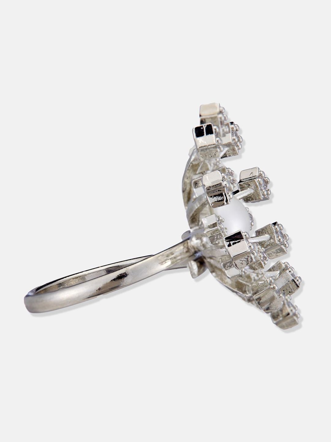 ATIBELLE Silver Plated Cubic Zirconia Stone Studded And Beaded Finger Ring