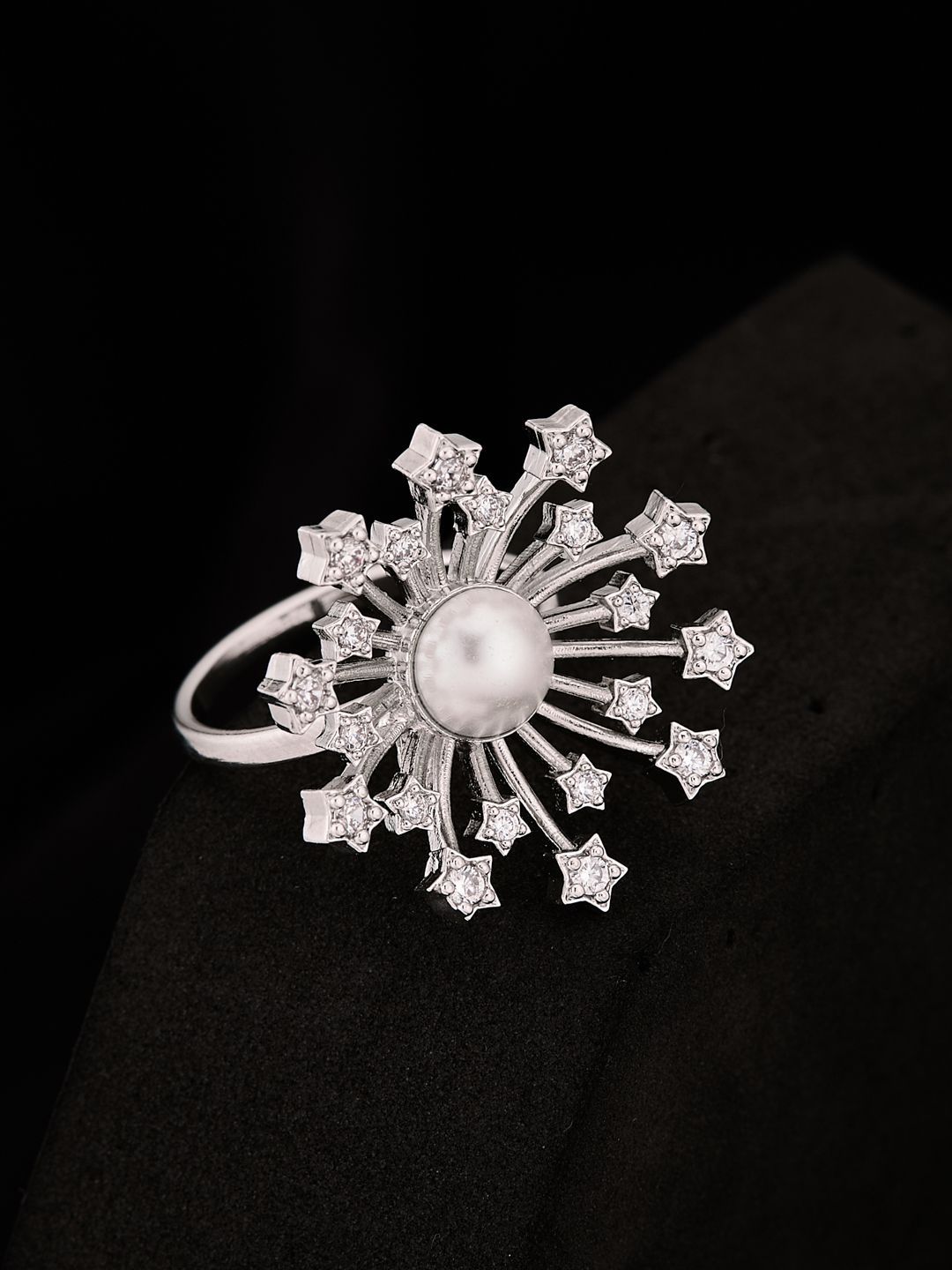 ATIBELLE Silver Plated Cubic Zirconia Stone Studded And Beaded Finger Ring