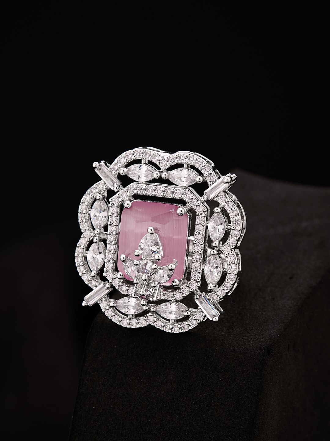 ATIBELLE Silver-Plated Cubic Zirconia Stone Studded Finger Ring