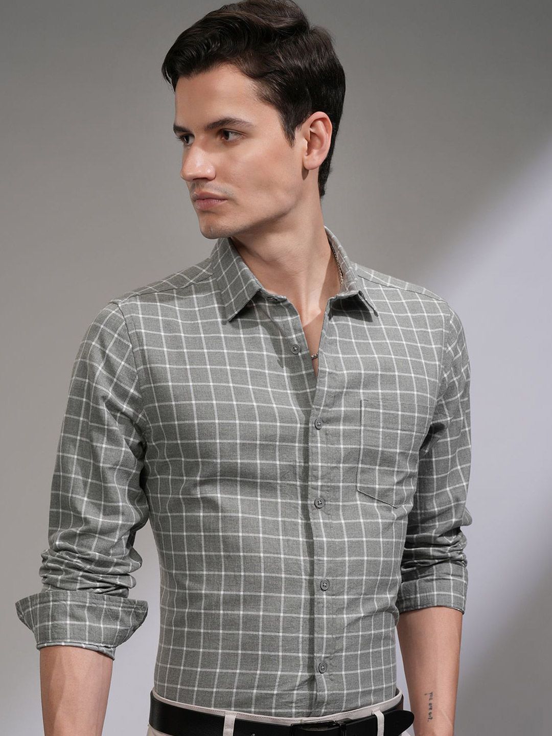 KETCH Men Slim Fit Cutaway Collar Grid Tattersall Checked Cotton Formal Shirt-picture-12