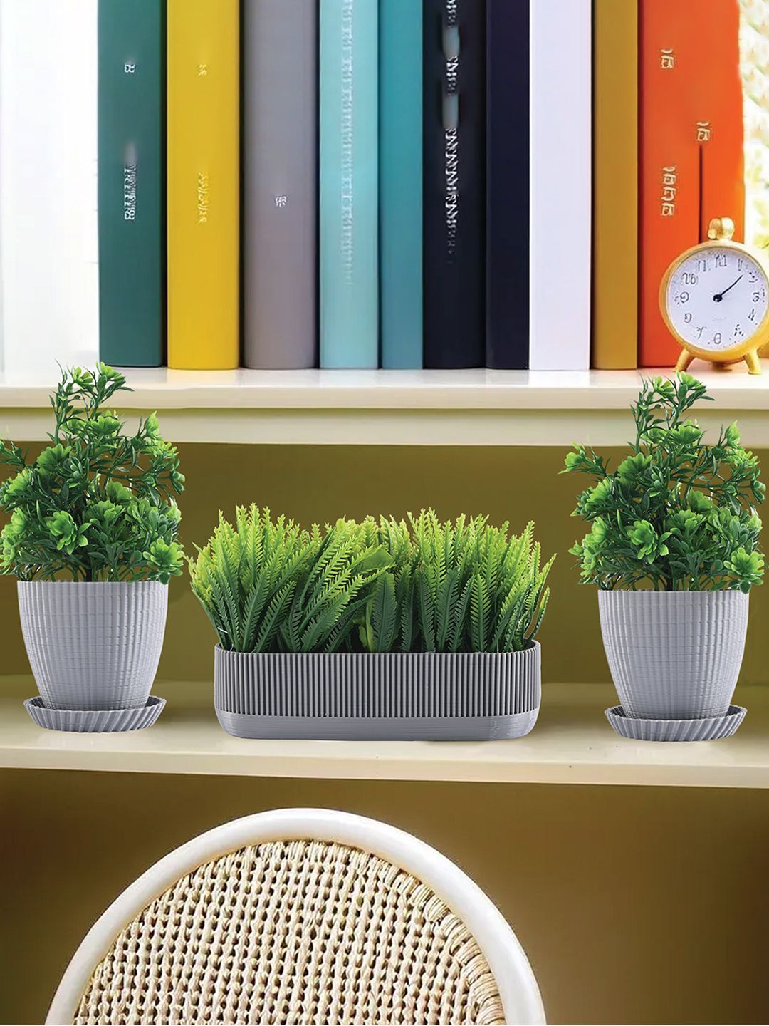 Kuber Industries Grey 3 Pieces Artificial Plant With Pot
