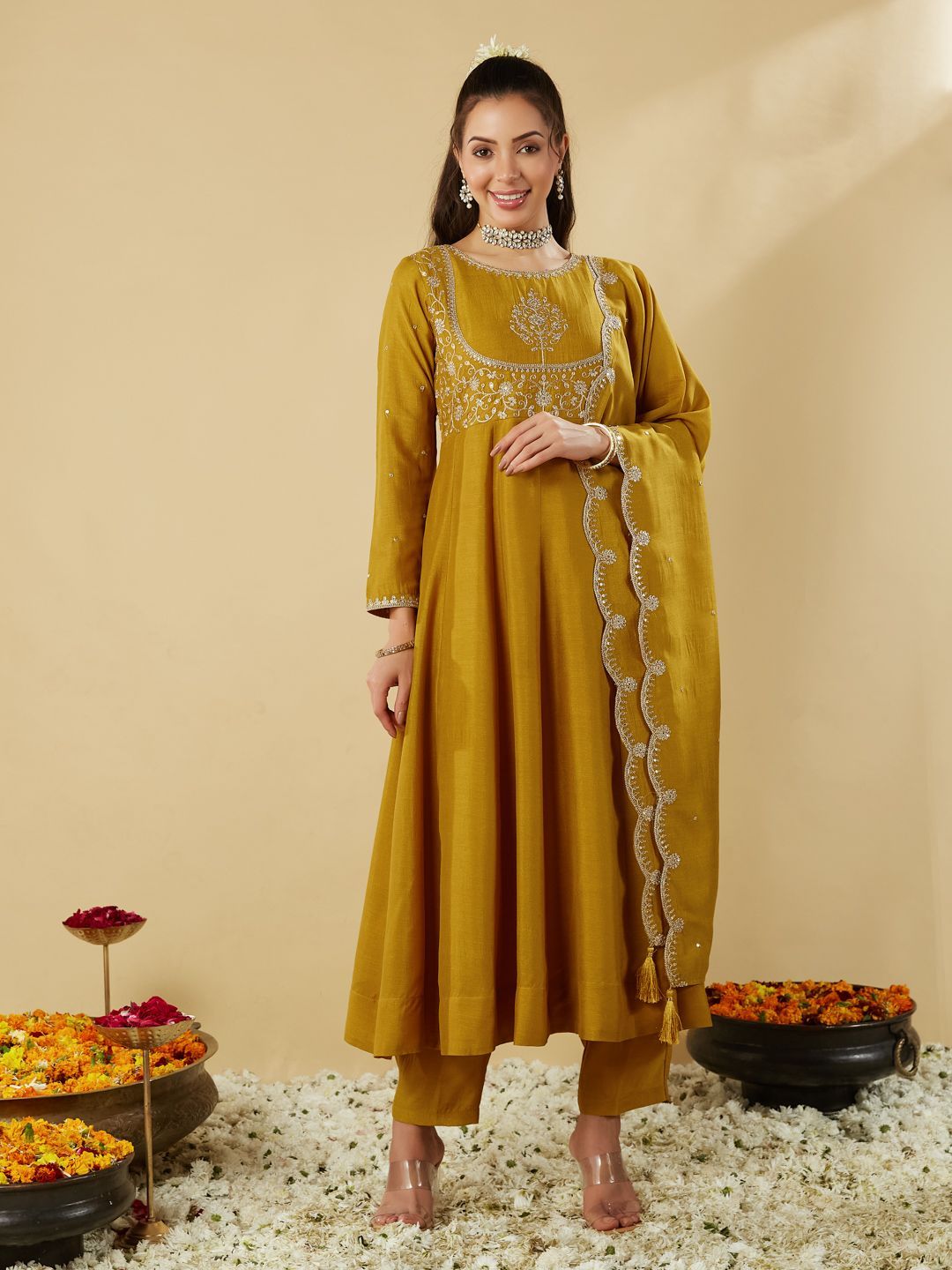MOKOSH Floral Embroidered Round Neck Sequinned Anarkali Kurta with Trousers & Dupatta