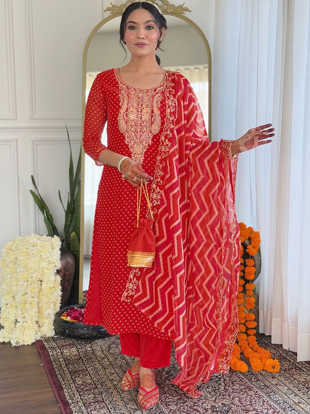 Fashion Care Navlik Bandhani Printed Straight Kurta With Trousers & Dupatta