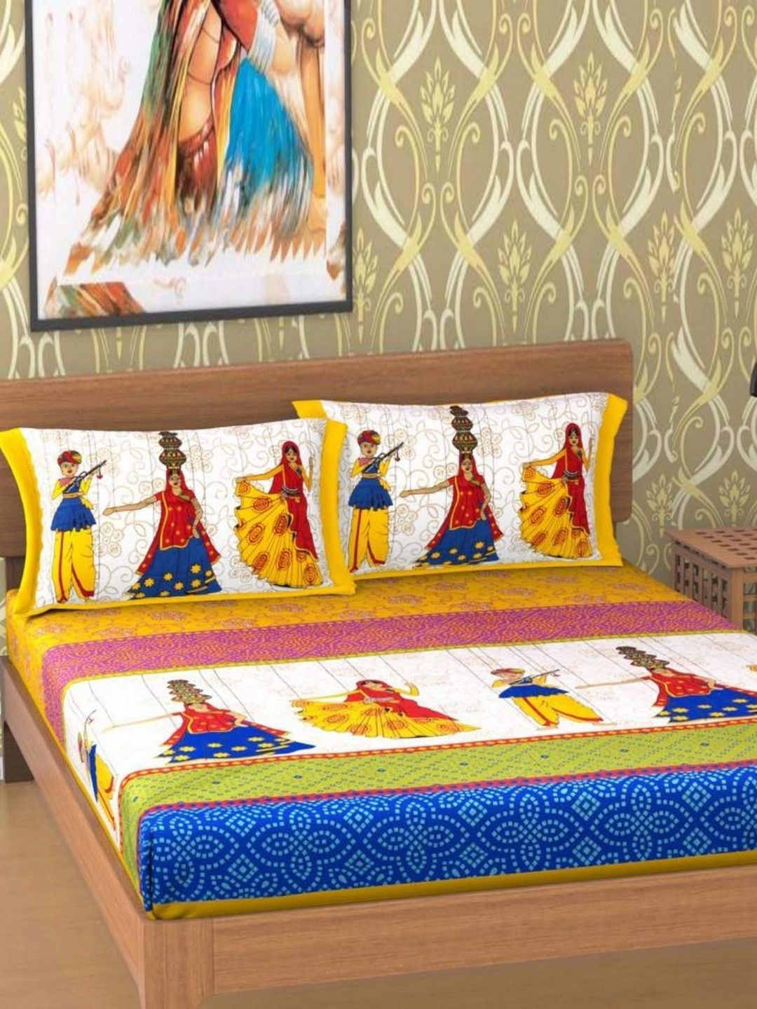 MAGICAL White & Blue Jaipuri Printed 104 TC Cotton Queen Bedsheet Set-image-30
