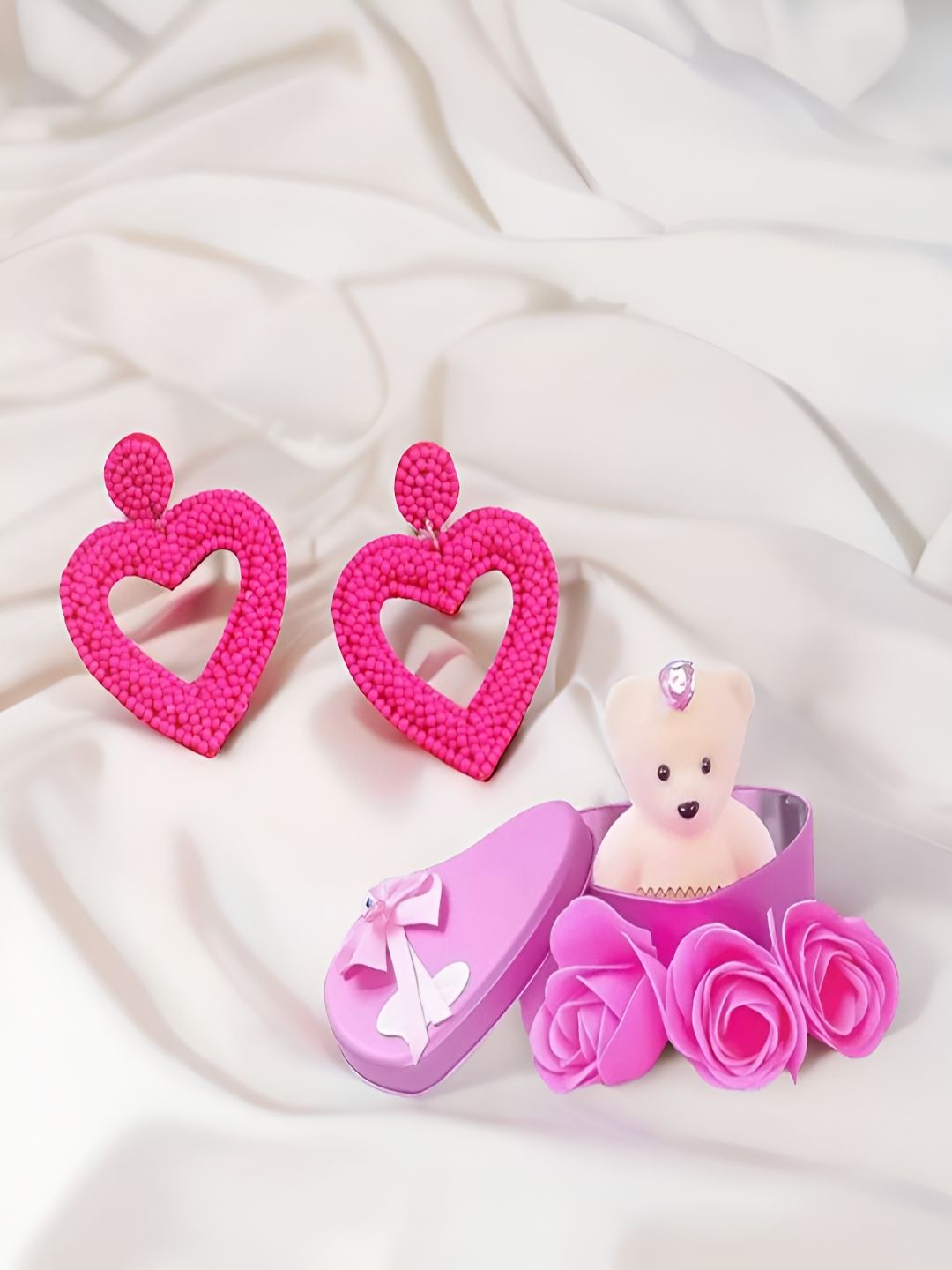 UNIVERSITY TRENDZ Pink & Beige Handmade Pink Heart Earrings & Teddy Bear Combo Set-image-45