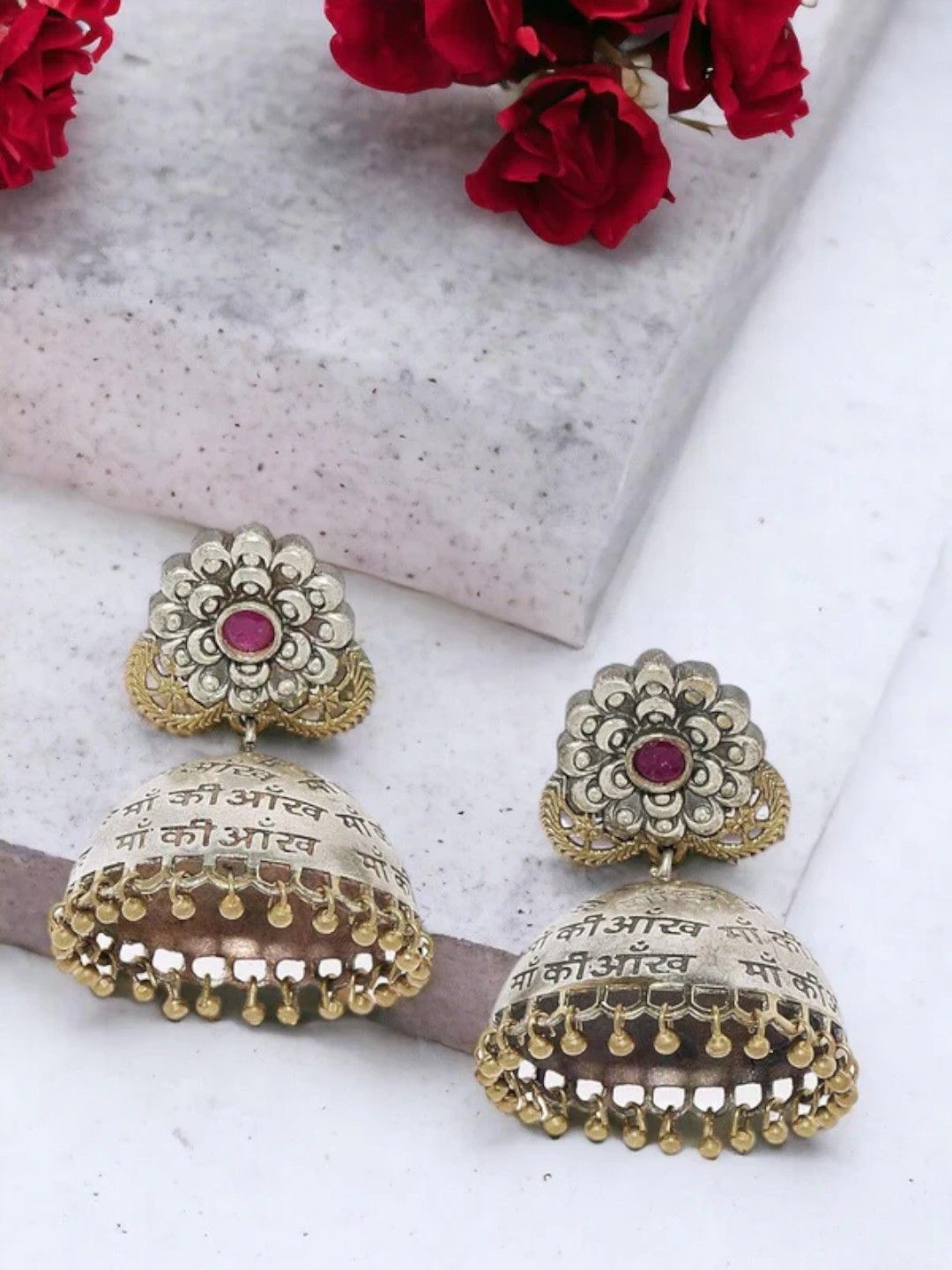 Sangria Silver-Plated Artificial Stones Studded And Beaded Dome Shaped Oxidised Jhumkas-image-43