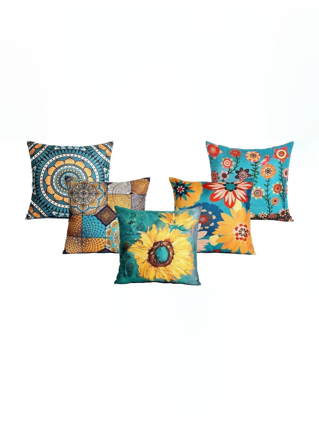 HOME9INE Green and Red 5 Pieces Floral Printed Jute Cotton Square Cushion Covers-image-26
