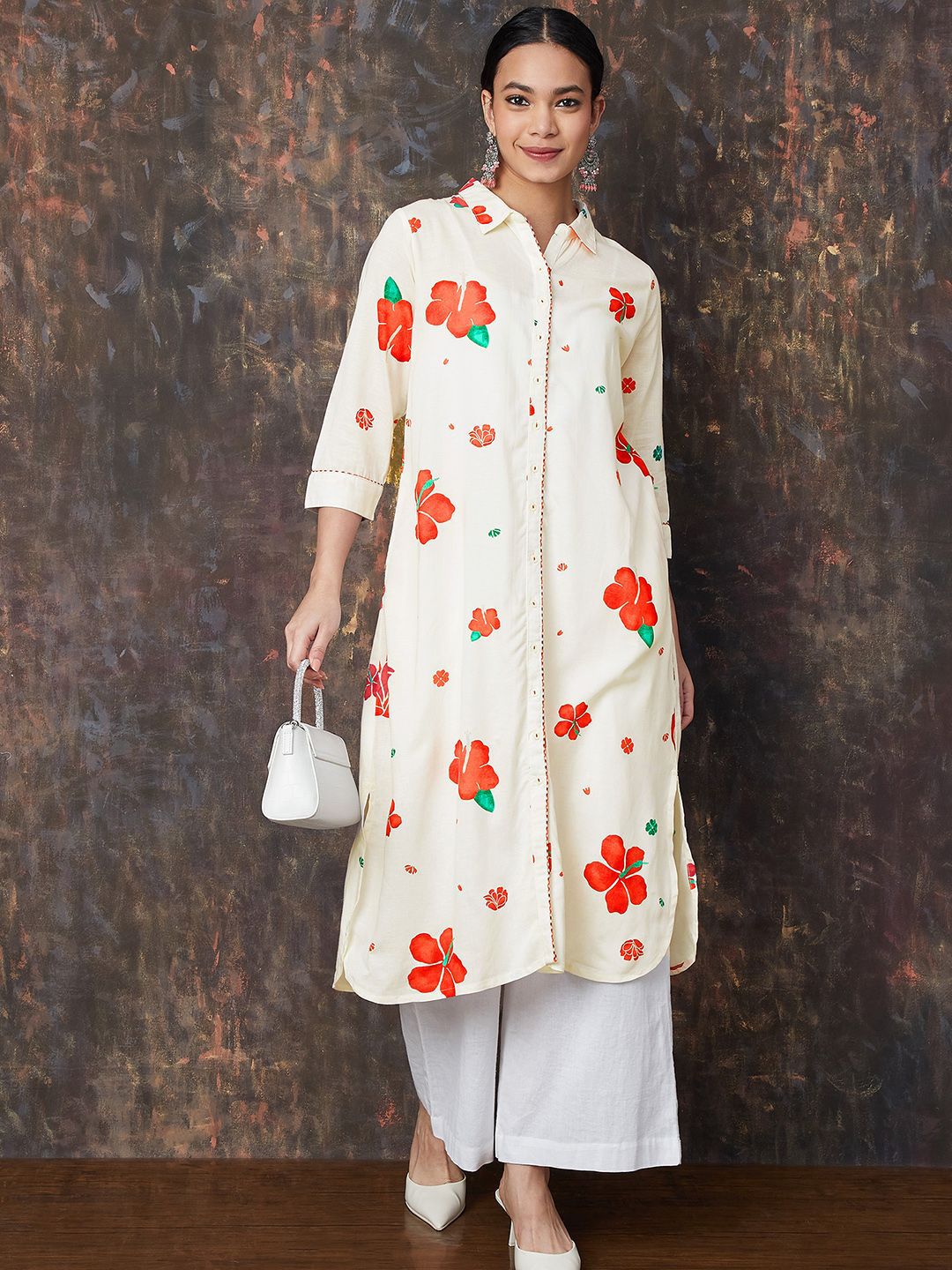 Melange by Lifestyle Floral Printed Shirt Collar Thread Work A-Line Kurta-picture-27