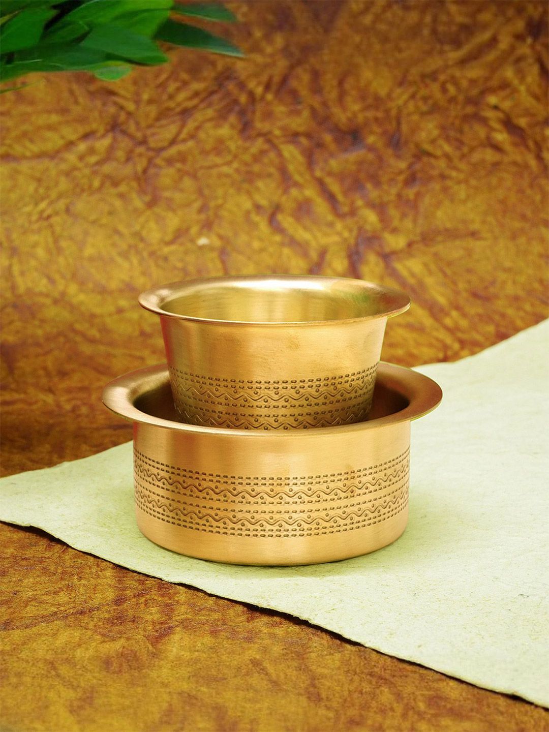 Ekhasa Gold-Toned 2 Pieces Textured 100% Pure Brass Filter Coffee Cup Dabara Set-image-21