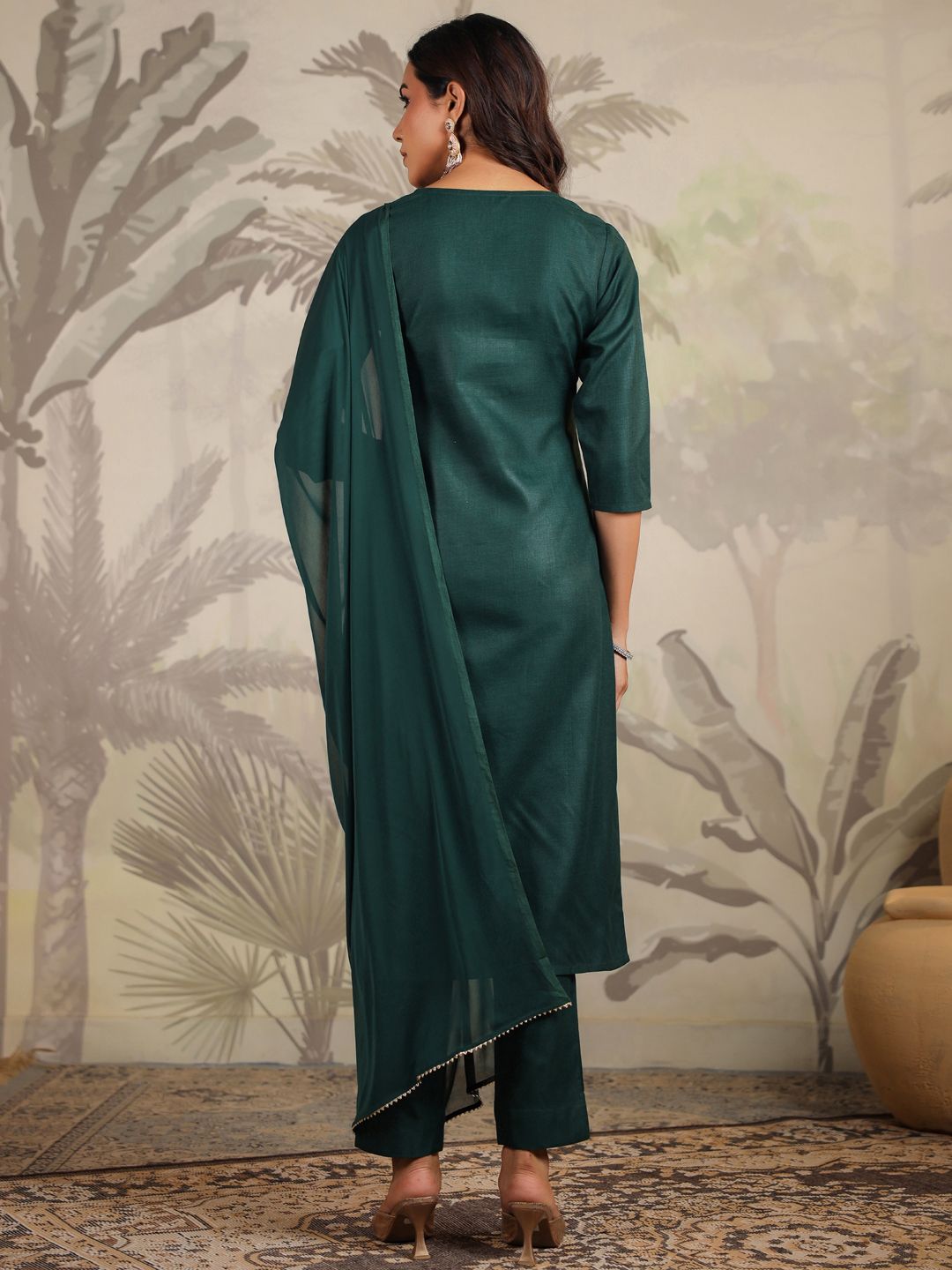 Women Floral embroidered u_neck Pure Cotton Kurta trouser & Dupatta Set