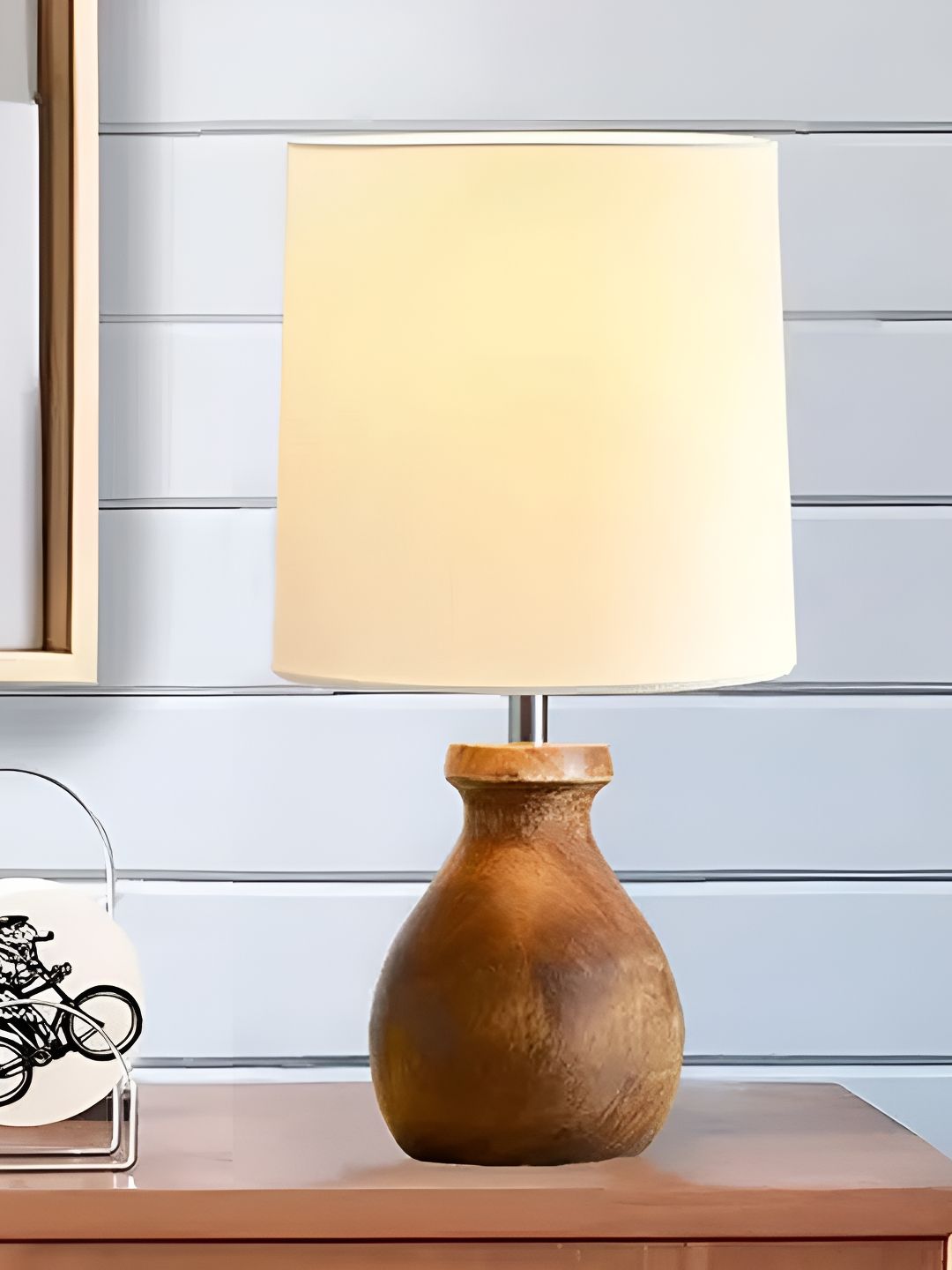 Homesake White Wood Industrial Cylindrical Shaped Table Lamp with Bulb-picture-16