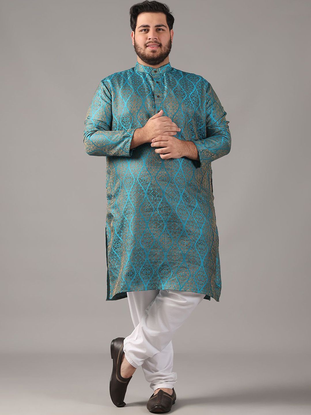 SOJANYA PLUS Size Ethnic Motifs Woven Design Band Collar Jacquard Silk Straight Kurta-picture-25