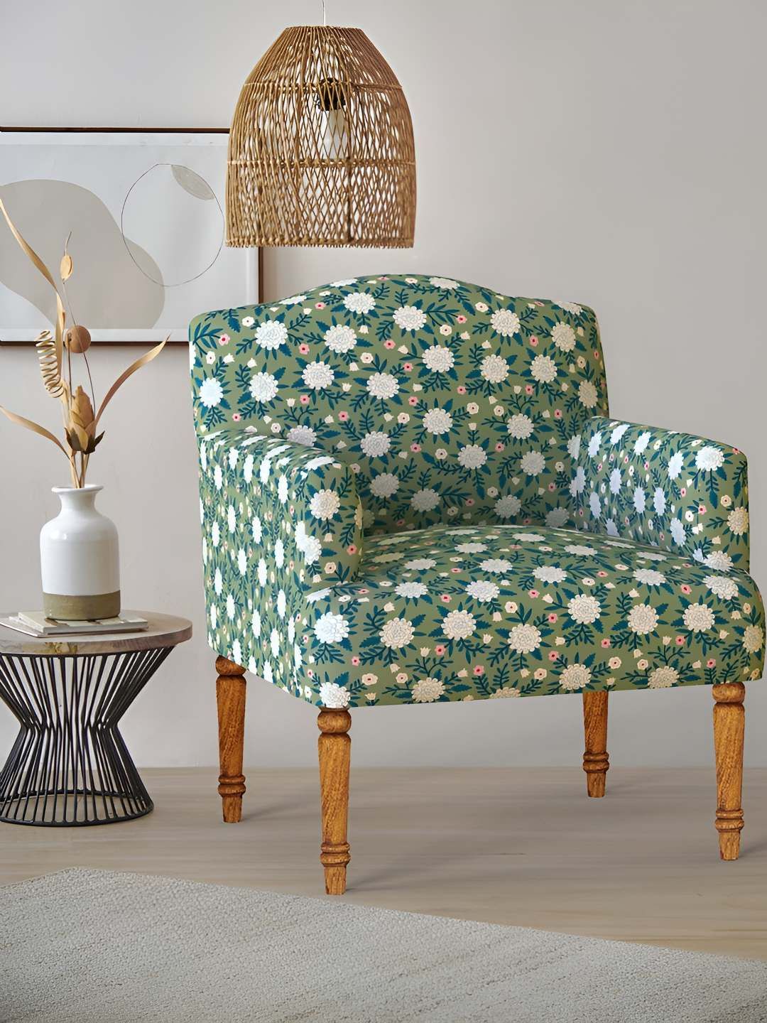Chumbak Green & White Floral Printed Nawaab Arm Chair