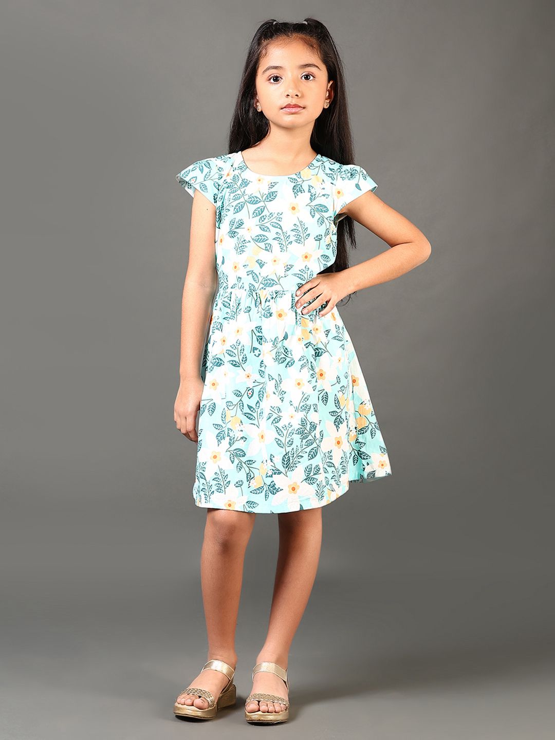 V-Mart Girls Floral Printed Cap Sleeves Cotton Fit and Flare Dress-picture-32